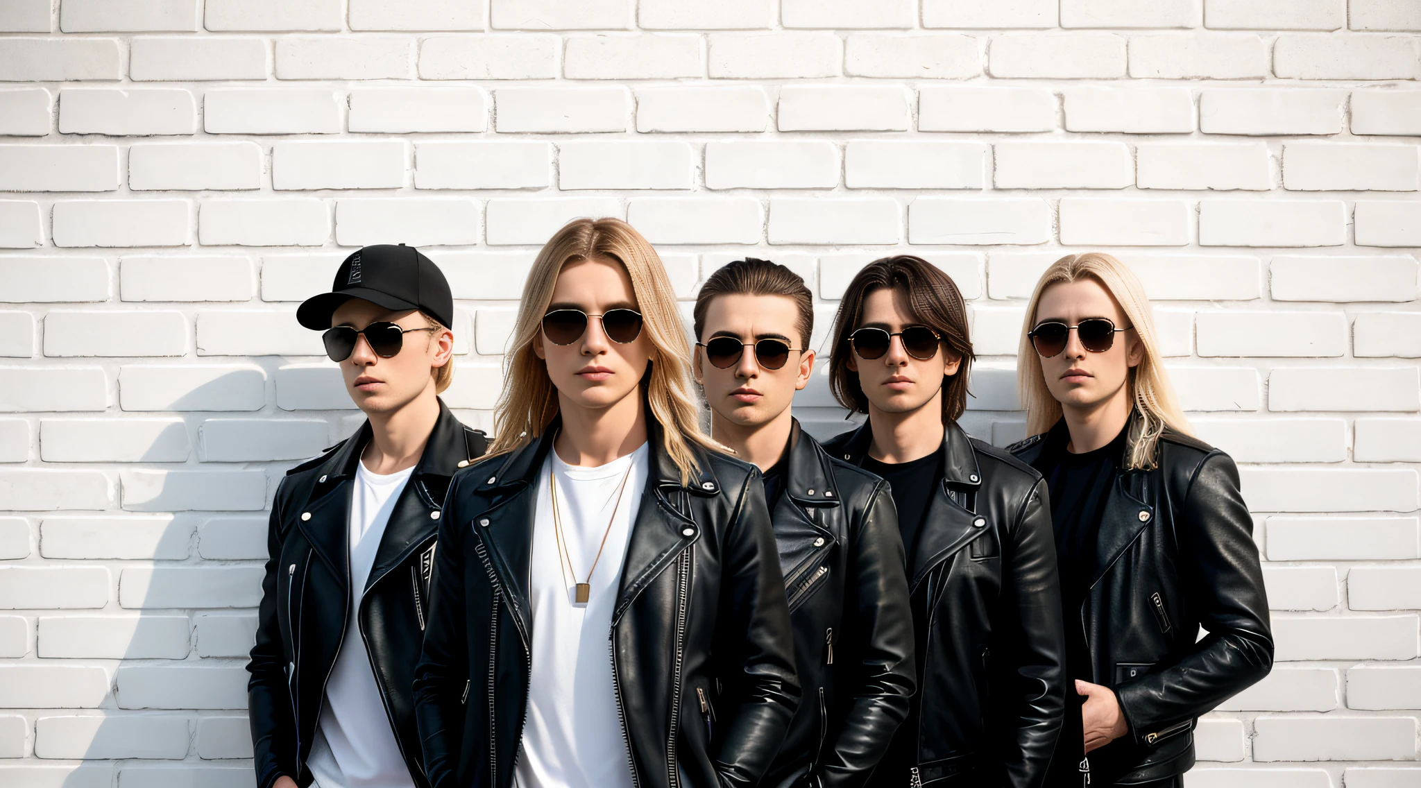 a group of Russian boys, in leather jacket and black clothing, and sunglasses, with long blonde hair, close up, standing in front of a white tile wall, white wall, basic white background, white wall background, wall, white background background, brick wall background, made of all white ceramic tiles, cement brick wall background, brick wall, white stone wall background, brick, wall, minimalist background, simple white background, plain white background, pink floyd