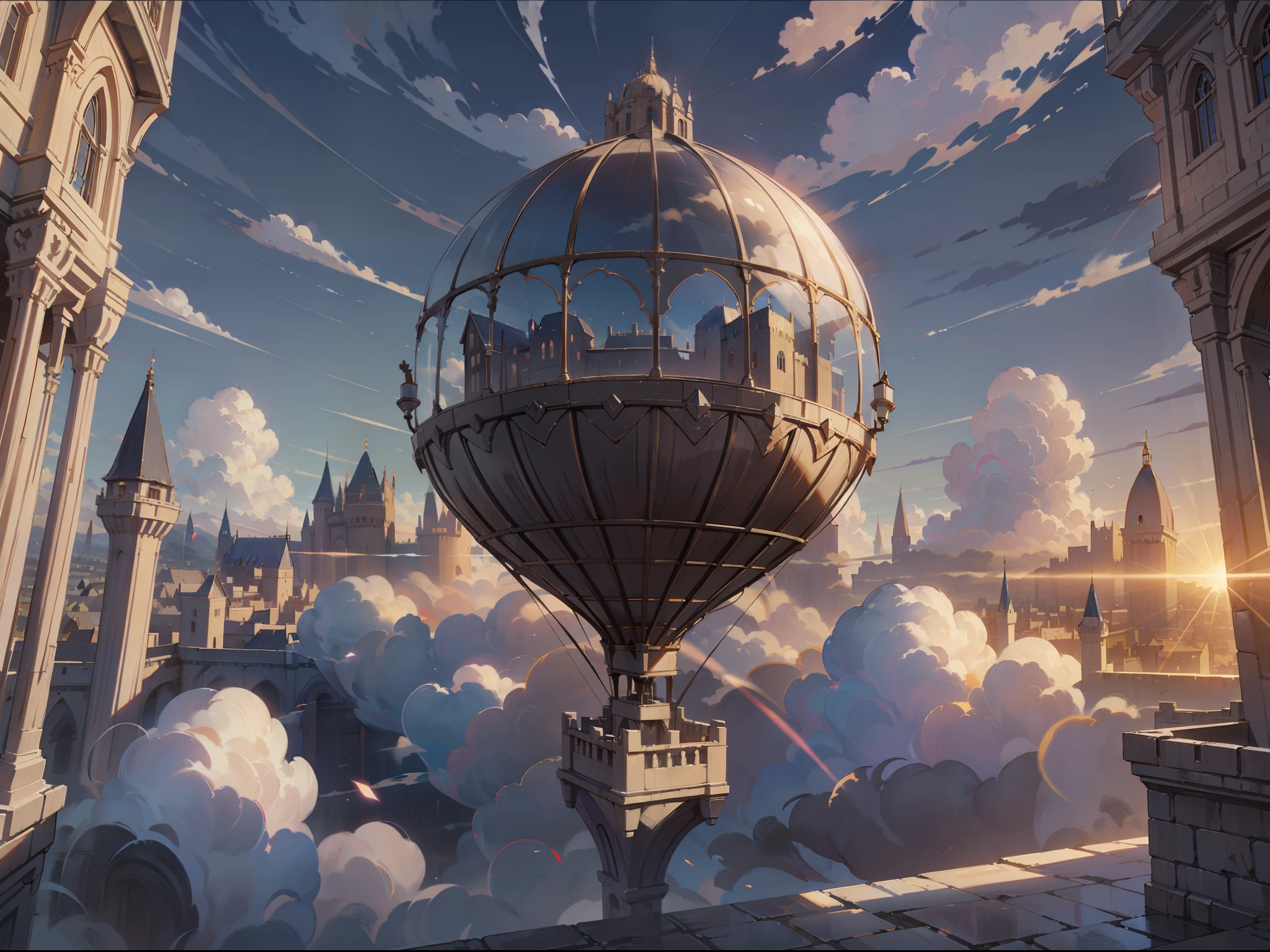 terrace, ray tracing, 8K, ultra clear, wide angle, clouds, sunlight reflection, high quality, super detail, castle, hot air balloon, clouds, wide angle, evening, evening, dark light, dim