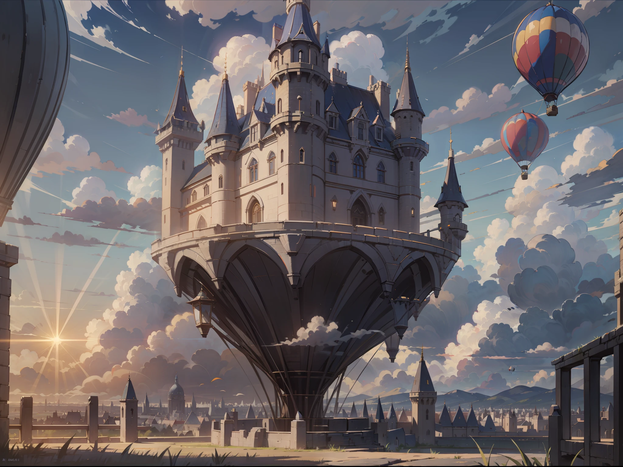 terrace, ray tracing, 8K, ultra clear, wide angle, clouds, sunlight reflection, high quality, super detail, castle, hot air balloon, clouds, wide angle, evening, evening, dark light, dim