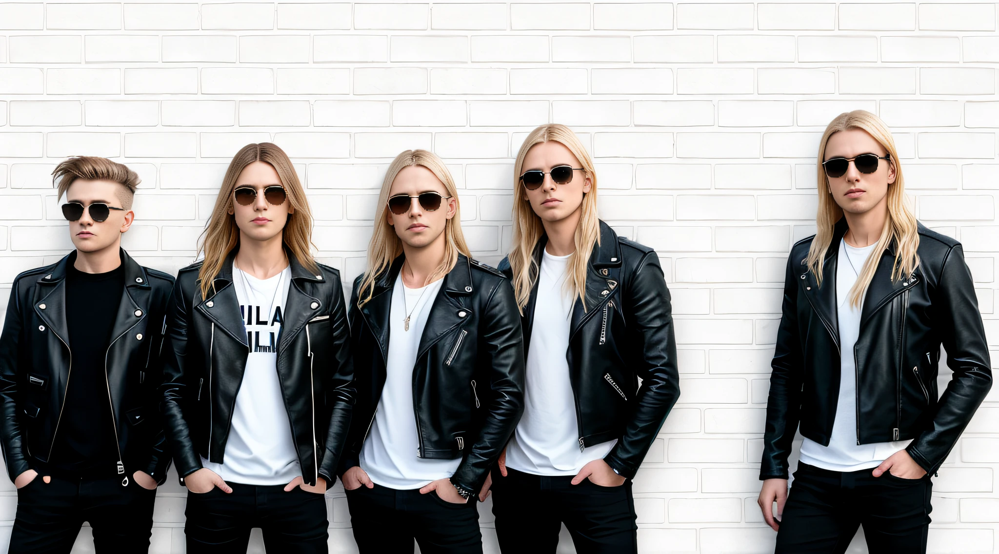 a group of Russian child boys, in leather jacket and black clothing, and sunglasses, with long blonde hair, close up, standing in front of a white tile wall, white wall, basic white background, white wall background, wall, white background background, brick wall background, made of all white ceramic tiles,  cement brick wall background, brick wall, white stone wall background, brick, wall, minimalist background, simple white background, plain white background, pink floyd