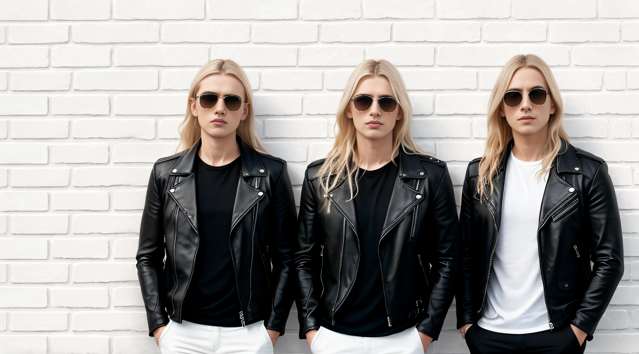 a group of Russian children boys , in leather jacket and black clothing, and sunglasses, with long blonde hair, closeup, standing in front of a white tile wall, white wall, basic white background, white wall background, wall, white background background, brick wall background, made of all white ceramic tiles, cement brick wall background, brick wall, white stone wall background, brick, wall, minimalist background, simple white background, plain white background, pink floyd