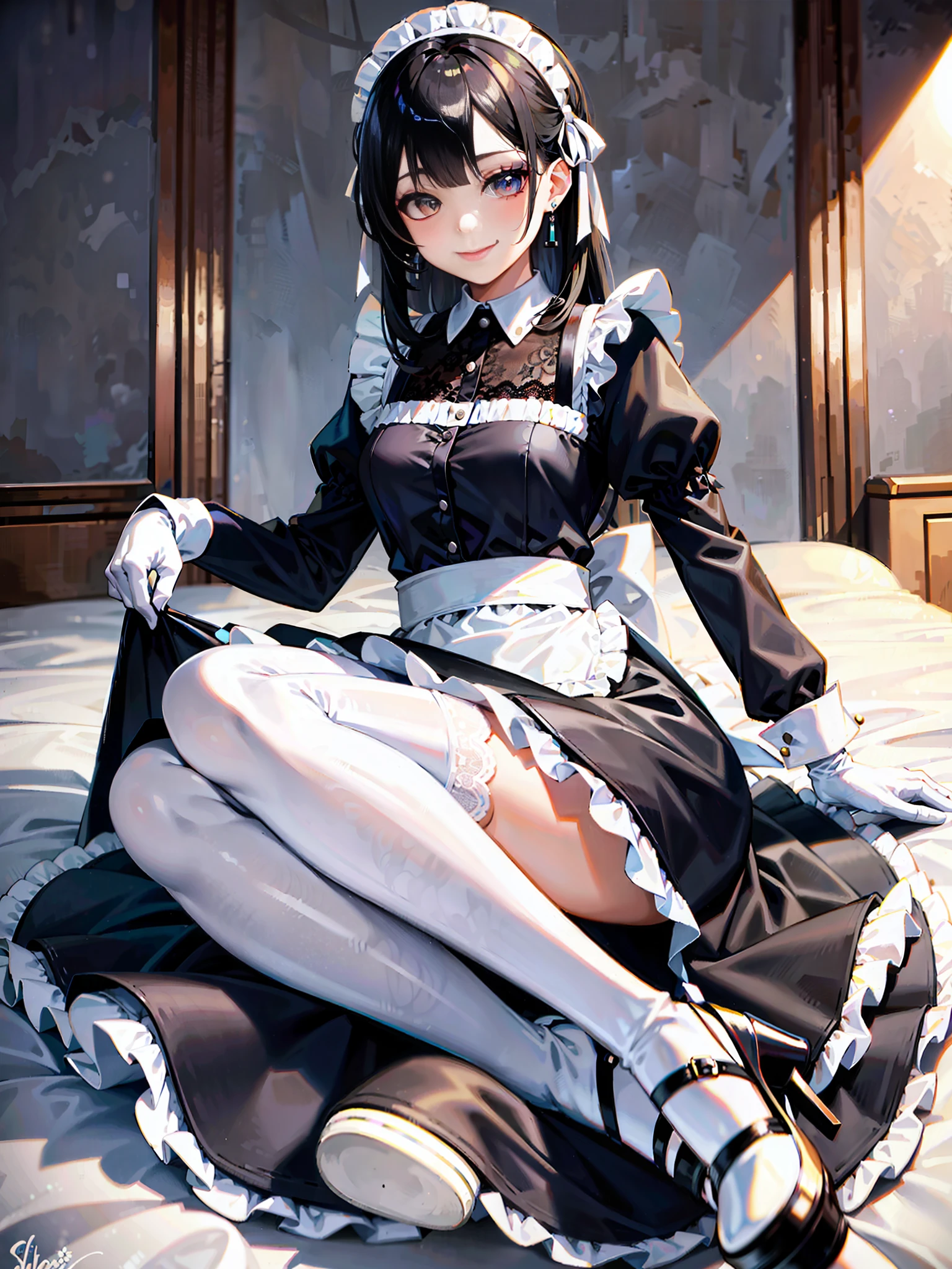 Painted smoky makeup, eye shadow, maid girl, silky hair, wearing hair accessories and earrings, sweet smile. She wore a maid skirt, white stockings on her feet, and lace gloves. The scene is random.