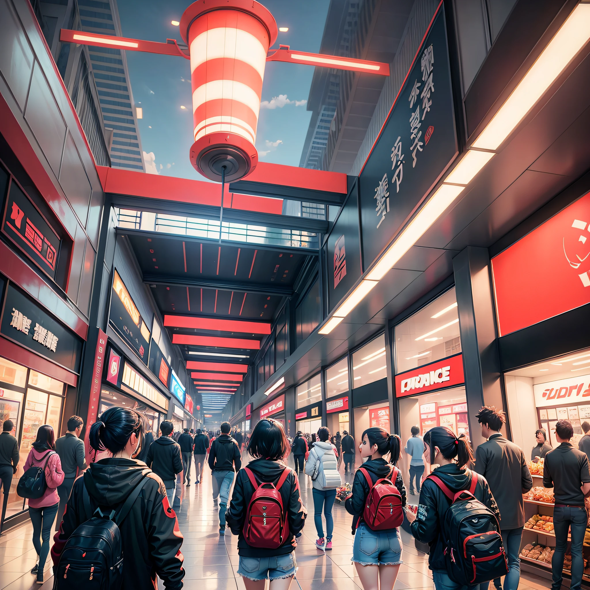 busiest mall food court, view from her back, in anime style, using only the colors, black, red and blue, your name, kimi no na wa, mitsuha, 4k adobe illustrator render --auto --s2
