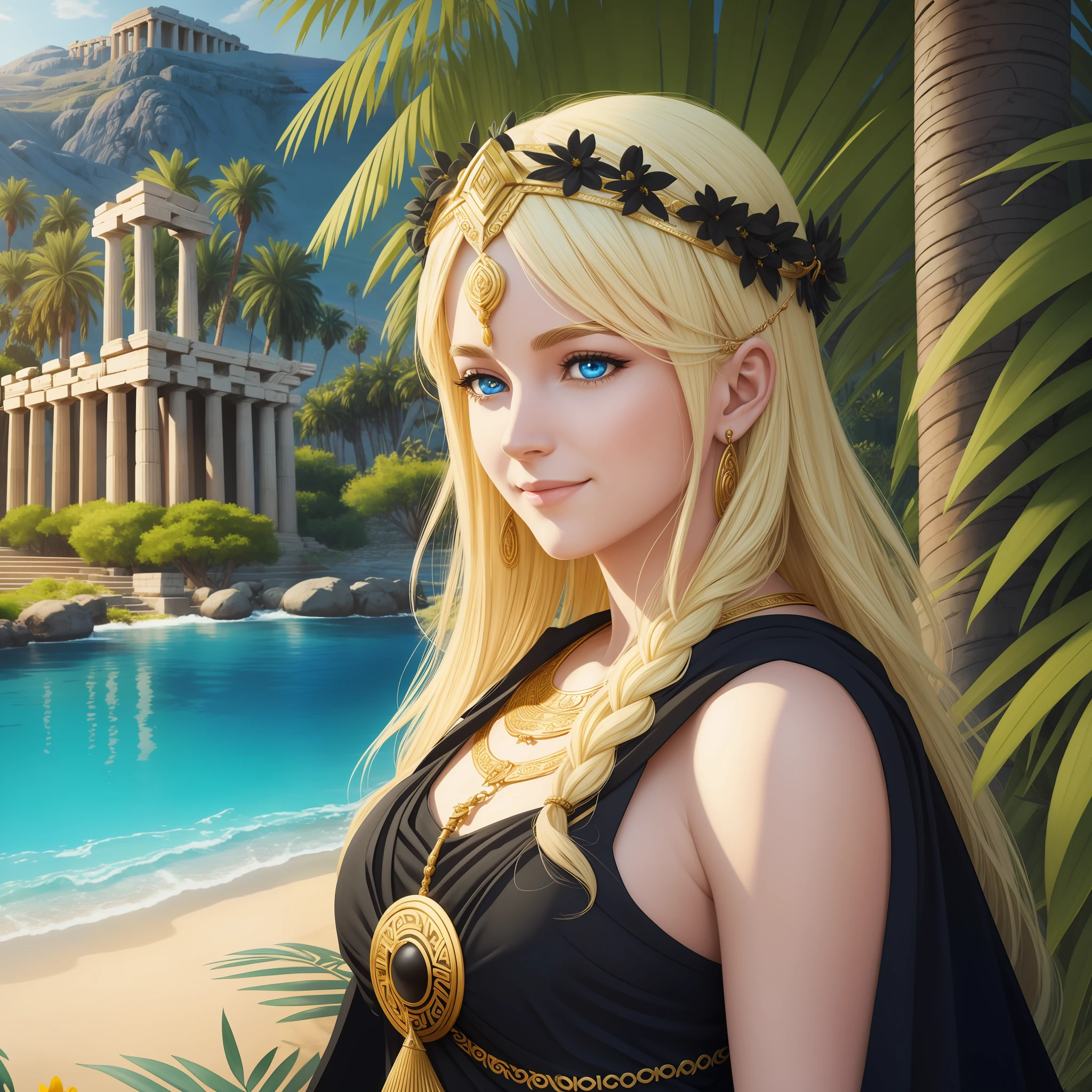 mother goddess of mercy and fertility, with blonde hair and blue eys, is fair-skinned, (looks very mild and gentle), is smiling happily, wears {(long:1.3), loose, (black:1.3), greek toga}, puts on golden circlet, ancient Delos island, palm trees, golden flowers, Greek mythology, super high quality, super hand description, HDR, photorealistic, super detail, masterpiece, 8K