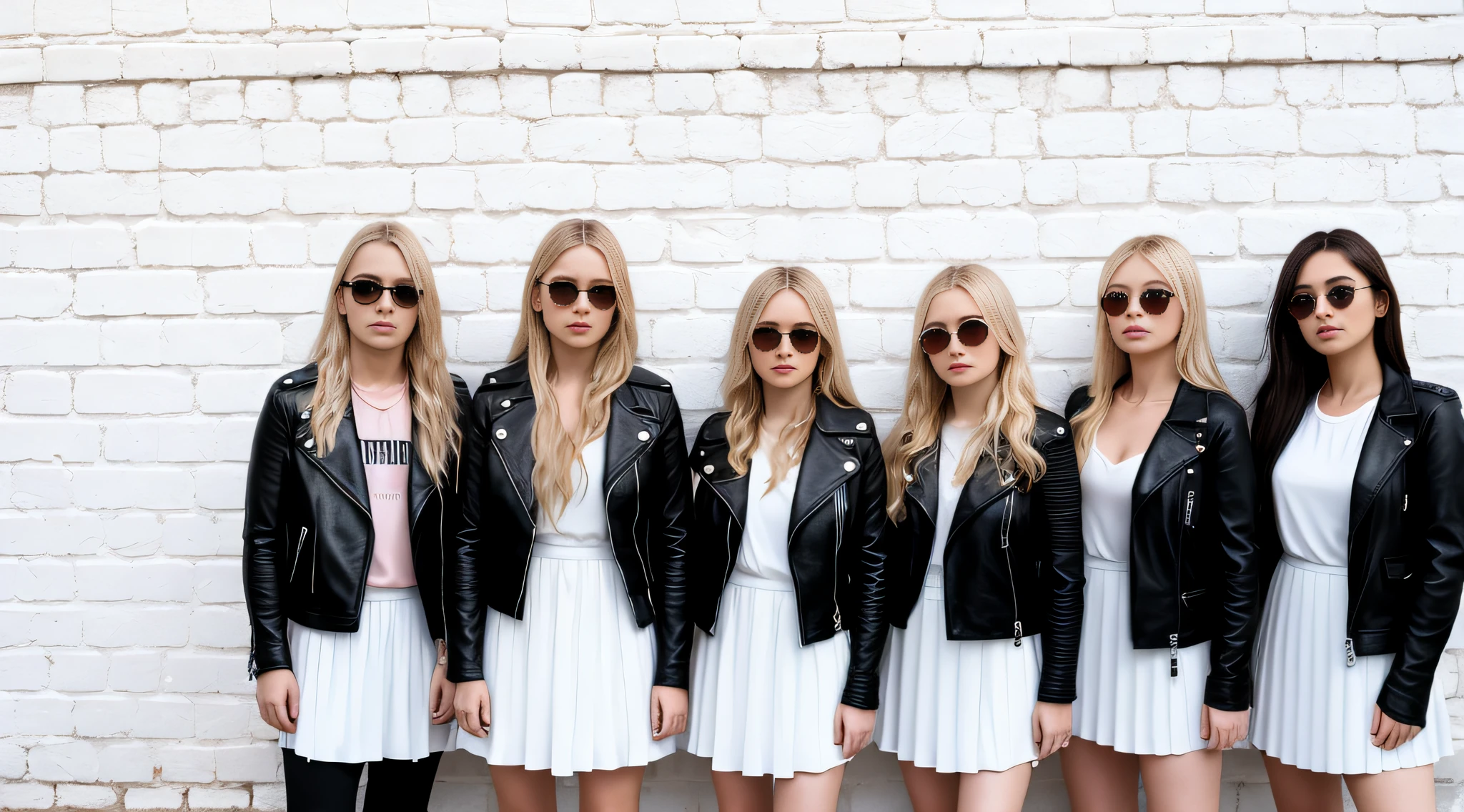 a group of 10-year-old Russian children girls, in leather jacket and black clothing, and sunglasses, with long blonde hair, closeup, standing in front of a white tile wall, white wall, basic white background, white wall background, wall, white background background, brick wall background, made of all white ceramic tiles, cement brick wall background, brick wall, white stone wall background, brick, wall, minimalist background, simple white background, plain white background, pink floyd