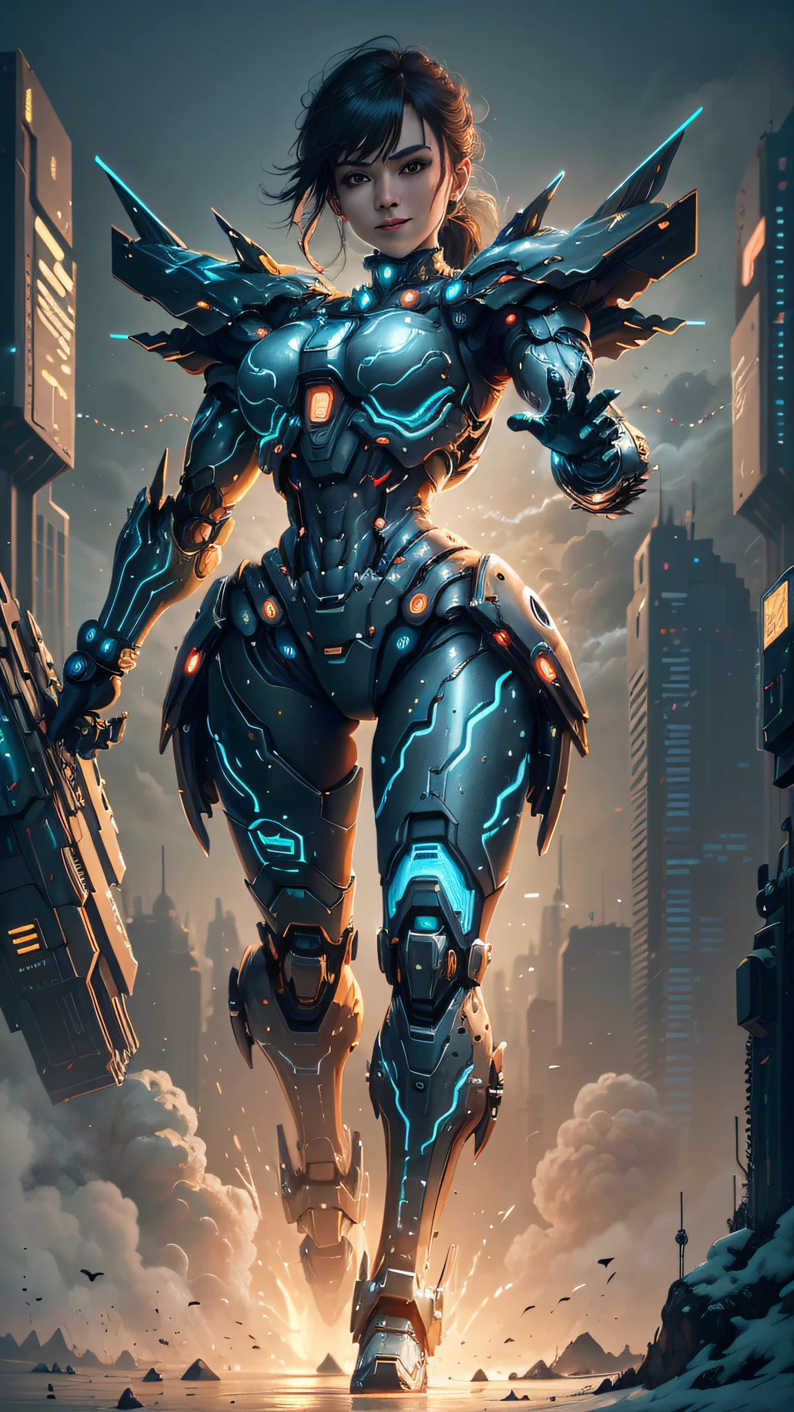 Best quality, masterpiece, detailed face, smile, mecha body, combat stance, perfect proportions, post-processing, futuristic city, 4K, night, face camera