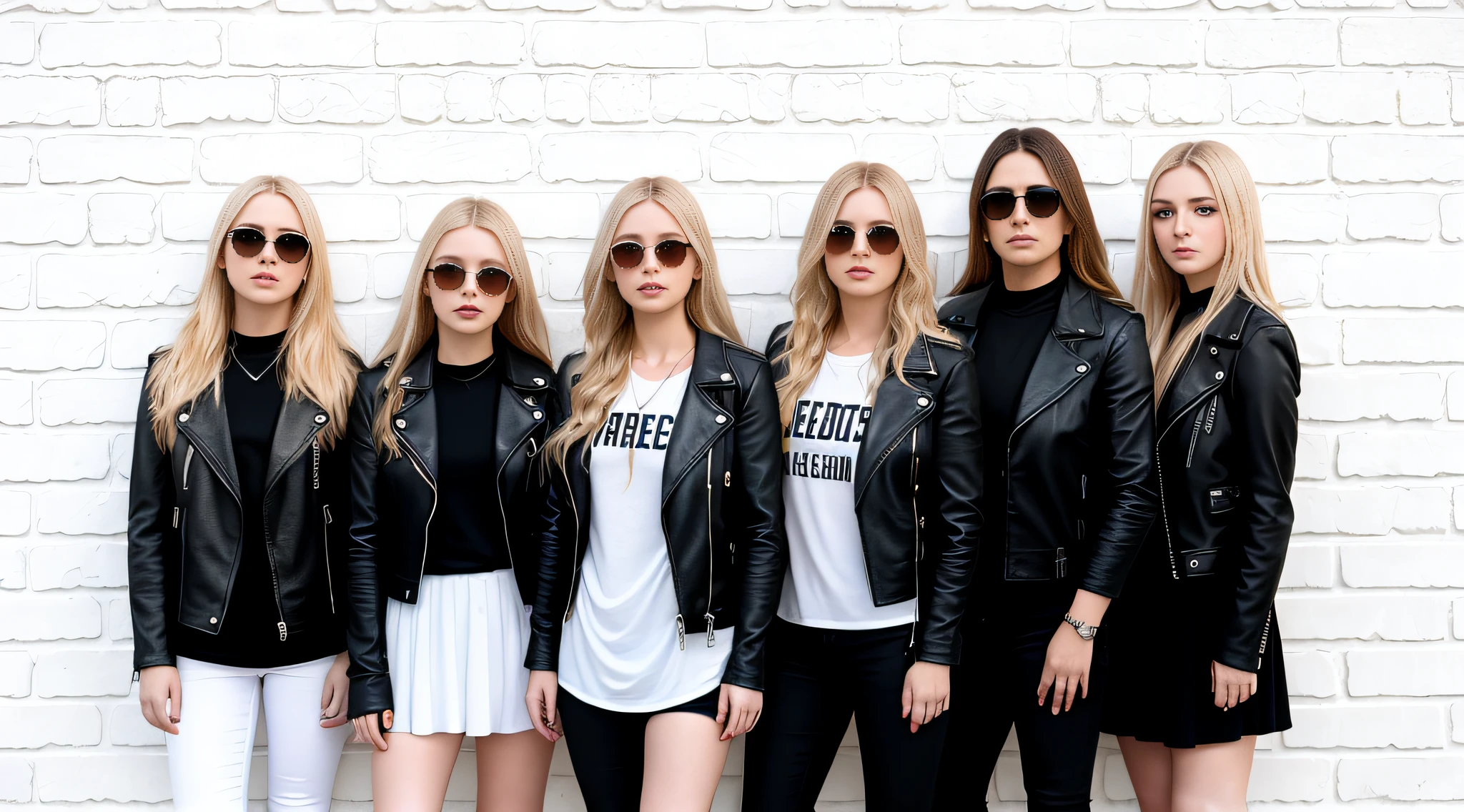 a group of 10-year-old Russian children girls, in leather jacket and black clothing, and sunglasses, with long blonde hair, closeup, standing in front of a white tile wall, white wall, basic white background, white wall background, wall, white background background, brick wall background,  made of all white ceramic tiles, cement brick wall background, brick wall, white stone wall background, brick, wall, minimalist background, simple white background, plain white background, pink floyd
