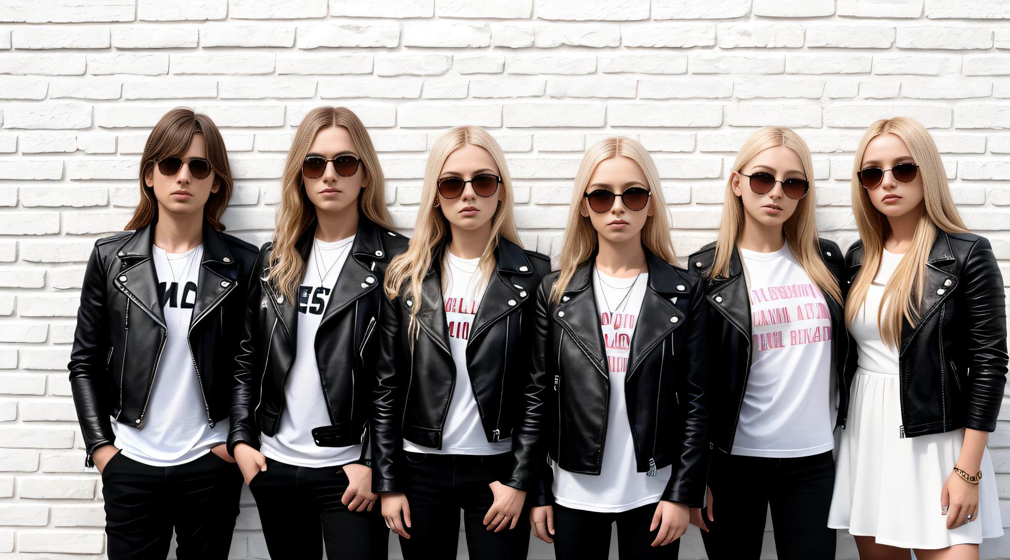 a group of -yeld Ruan children n leather jacket and black clothing, and sunglasses, with long blonde hair, closeup, standing in front of a white tile wall, white wall, basic white background, white wall background, wall, white background background, brick wall background, made of all white ceramic tiles, cement brick wall background, brick wall, white stone wall background, brick, wall, minimalist background, simple white background, plain white background, pink floyd
