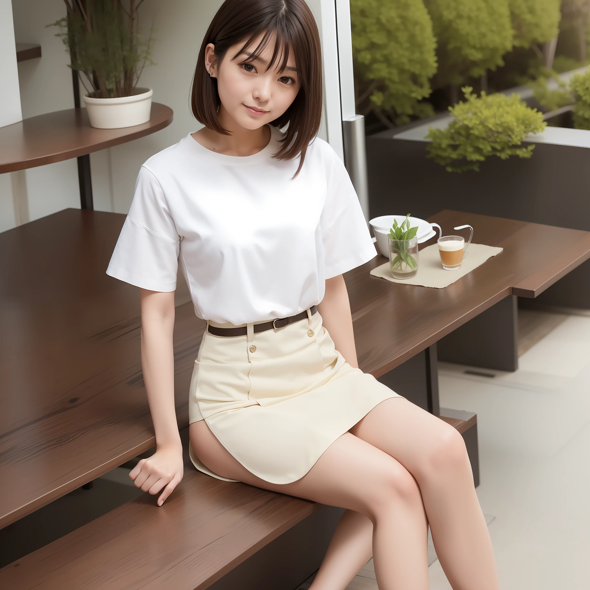 Wearing a short skirt and white blouse, in tight simple clothes, 30 years old, Japan woman, short hair, thin waist, slim girl model photo, Kasumi Arimura, café, sitting, smiling, small bag