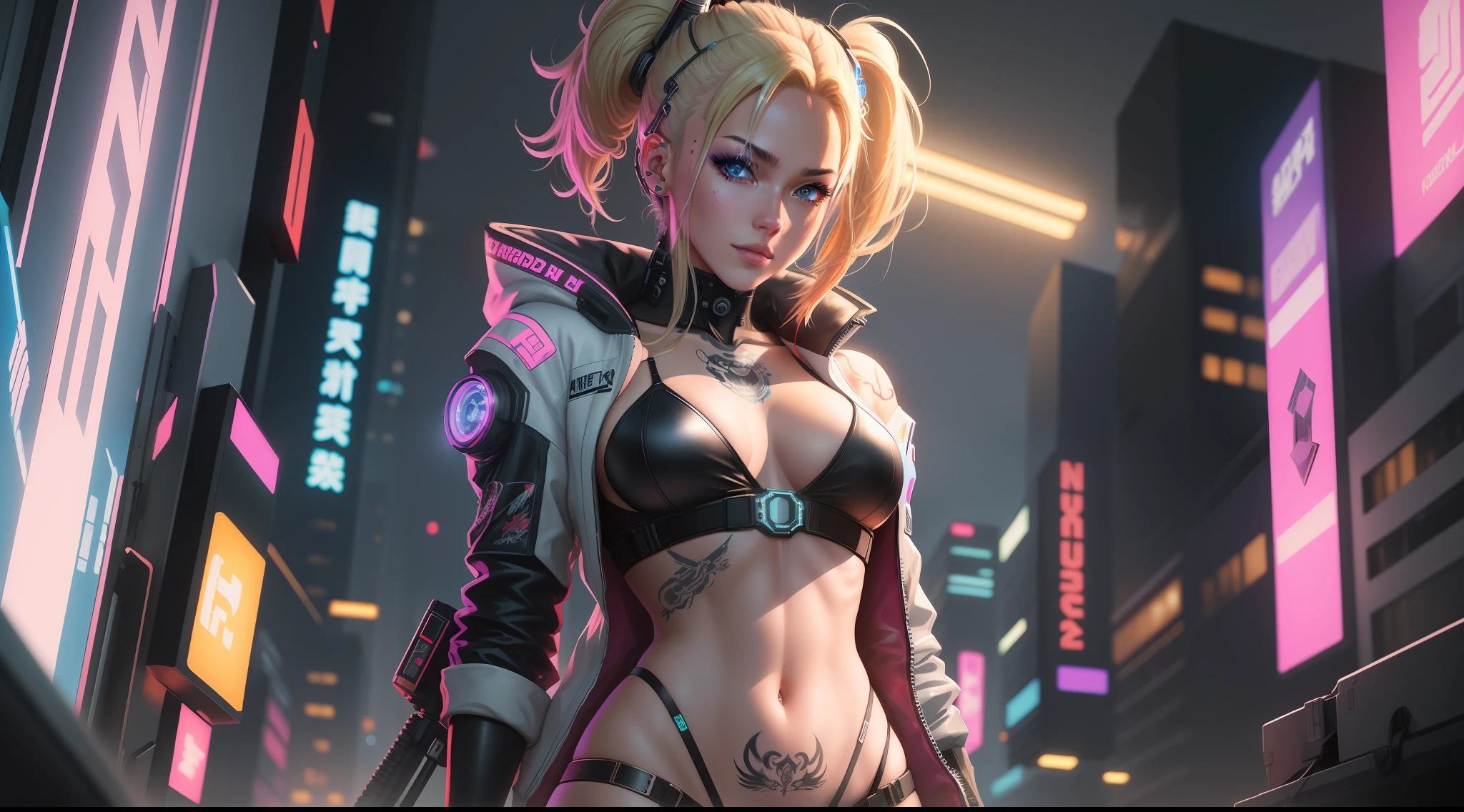 "Artistic Image, The center of this scene is a cyberpunk cyborg, full body portrait with striking blonde hair, highlights, blue eyes. She is seen amidst her high-tech environment, adorned with Japanese Tattoo art, navel piercing. The image should be a blend of digital illustration and anime, featuring a level of detail that brings the character and scene to life. The hacker's anatomy is athletic, capturing the essence of both freedom and soul. Drawing inspiration from Masamune Shirow, the illustration features sharp focus, smooth transitions, and an underlying watercolor aesthetic. The environment is filled with digital screens and neon lights, adding to the cyberpunk atmosphere.", 35mm, Medium Shot, Studio Lighting, Highly Detailed, Octane Render