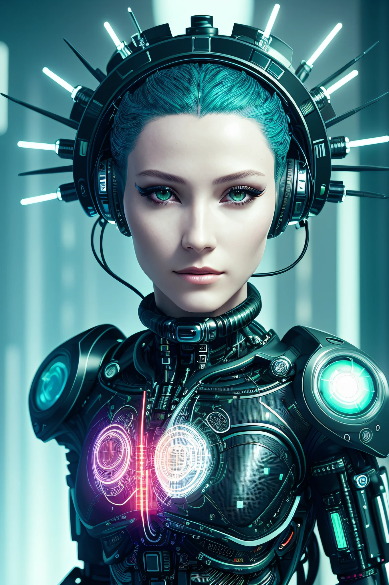 On-Head Humanoid Electronic Systems | Cyborg Woman | With a detailed brain you can see| With a delicate heart that can be seen| Fio de cabo muscular Realistic skin| Biopunk | Cybernetics | Cyberpunk | Canon M50 | 100mm| Sharp Focus | Kindly| Hyperrealism | Very detailed| Intricate Details | Vascular | emerald eyes