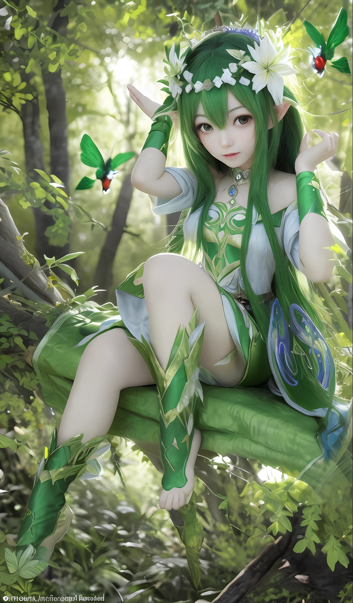 Best Quality, Ultra High Res, (Photorealistic: 1.4), Green-Haired Anime Girl Sitting on a Branch, Fairy Queen of Summer Forest, Goddess of Nature, Elf Girl, Seductive Elf Princess Knight, Beautiful and Elegant Dryad, Elf Queen Nisha Genesis Mage, Soul of the Forest, Art Style of Rune Factory 5, Shadow Universe Style, Anime Goddess, Insect Trainer Girl, Goddess of the Forest, Shi Tao