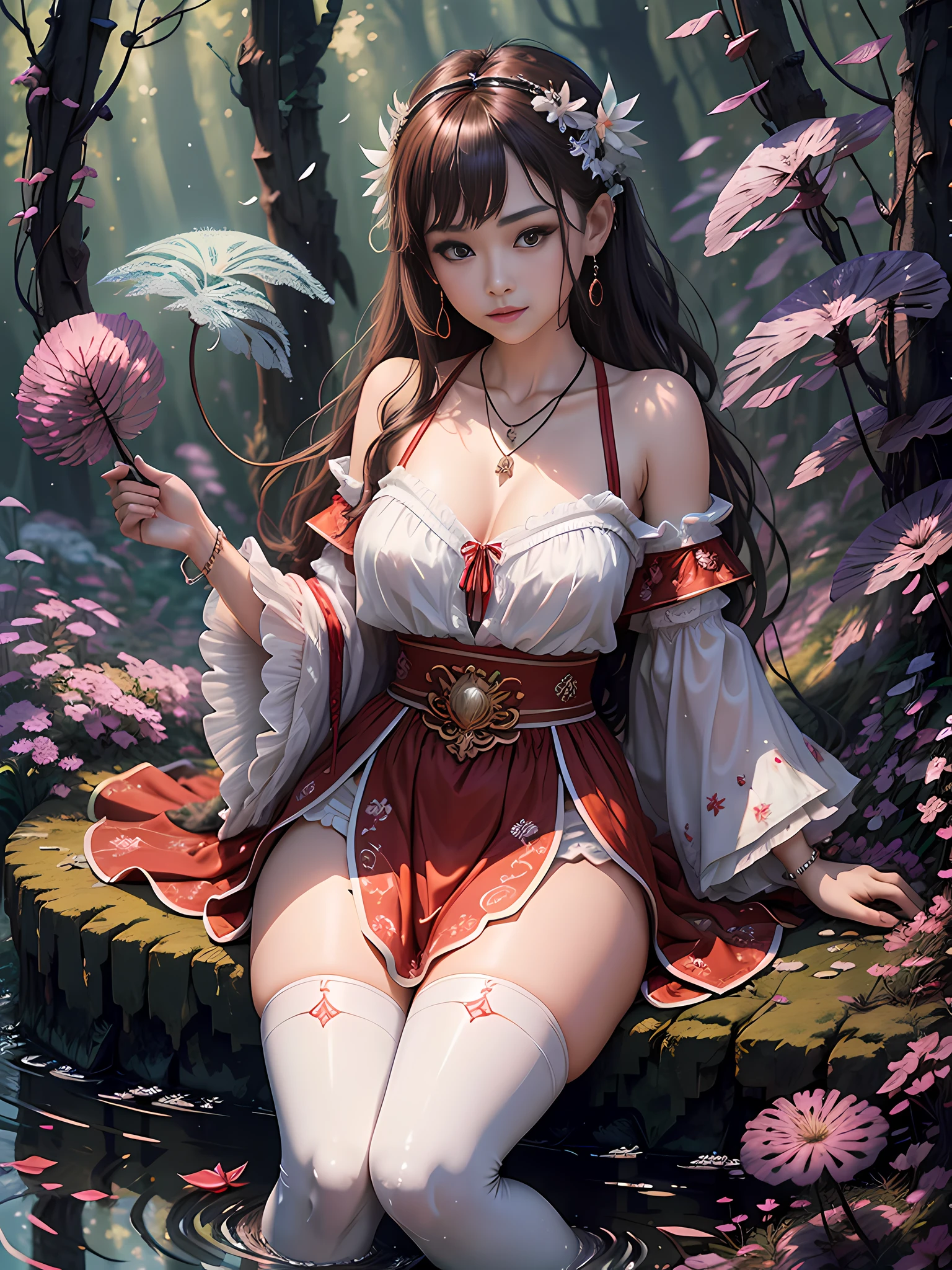 (best quality, masterpiece, high resolution, glow, flood, lens glare, wide angle), sunlight, full body, 1 [Chinese|Russian|Japanese|Korean] girl, ((Mei red:1.1) clothes), necklace, jewelry, long hair, earrings, super delicate face, beautiful face, full face blush, perfect eyes (very long eyelashes: 1.4), smirk,glowing pupils, (white stockings: 0.9), realism, (high detail skin: 1.2), 8k ultra hd, DSLR, high quality, volumetric lighting, frankness, high resolution, 4K, 8K, background bokeh, dream forest, feather drop effect, morning, foreground