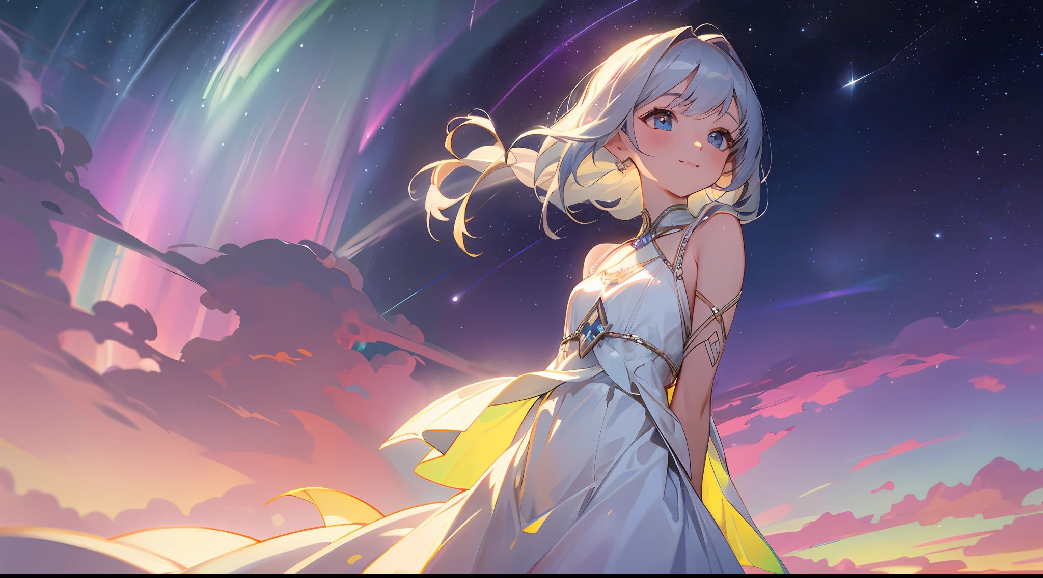 cowboy shot, upper body, panorama, far shot, wide angle lens, depth of field, perspective, cinematic angle, arms behind back, masterpiece, best quality, super detailed, CG, 8K wallpaper, delicate face and eyes, eyes with beautiful details, a girl, solo, smile, silver hair, medium length hair, braids, white dress, night, starry sky, shooting star, aurora, colorful clouds, look up at the sky, sideways, from the side, from the side