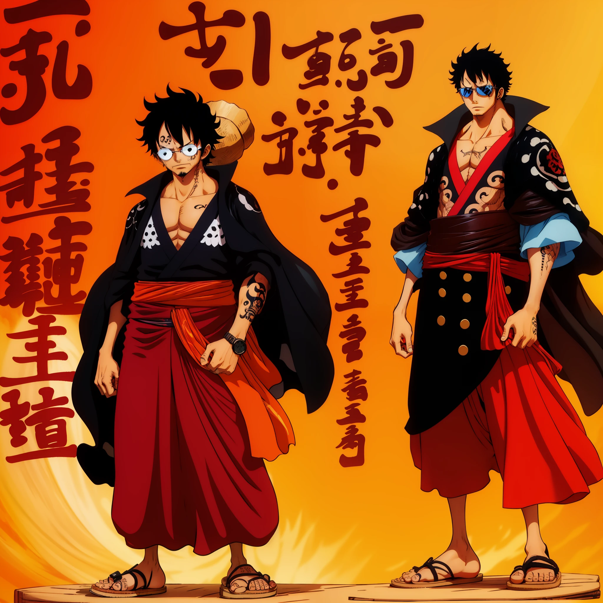 A man with black hair, short and curly - has a brown skin and a strong and defined body, he is tall. He wears sunglasses with a "tattoo" of some strange scriptures under his right eye. He wears an unbuttoned shirt and a pair of hakama pants and a wooden slipper. Anime 80s. One Piece