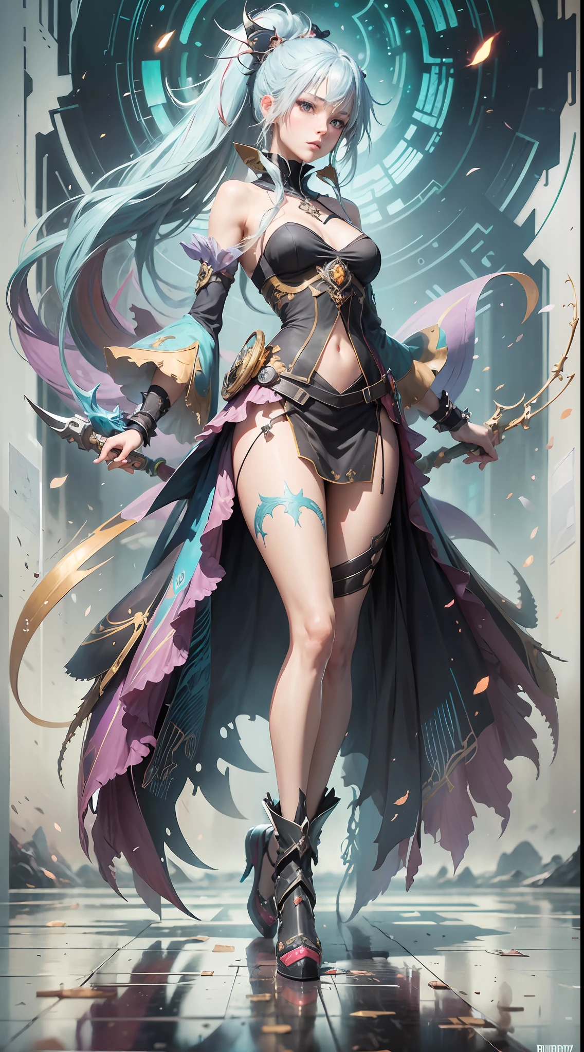 (masterpiece) (high resolution illustration) vibrant and contrasting colors, [close up] "Kingdom Hearts style art: Female character with costumes inspired by the Kingdom Hearts universe and detailed themed environment. full body, reflecting floor, absurdly long hair, blush, gray and red clothes, turquoise eyes, (cyan hair) white hair, bright eyes, (spiky ponytail), shoulder length messy hair, happy, full body, beautiful girl style waifu anime, hyper-detailed painting, luminism, art by Carne Griffiths and Wadim Kashin conceptual art, enchanted ethereal forest background, abstract beauty,  stand, approaching perfection, pure form, golden proportion, minimalist, unfinished, concept art, by Brian Froud and Carne Griffiths and Wadim Kashin and John William Waterhouse, intricate details, 8K post-production, high resolution, hyper-detailed, trend in ArtStation, sharp focus, studio photo, intricate details, highly detailed, by Greg Rutkowski