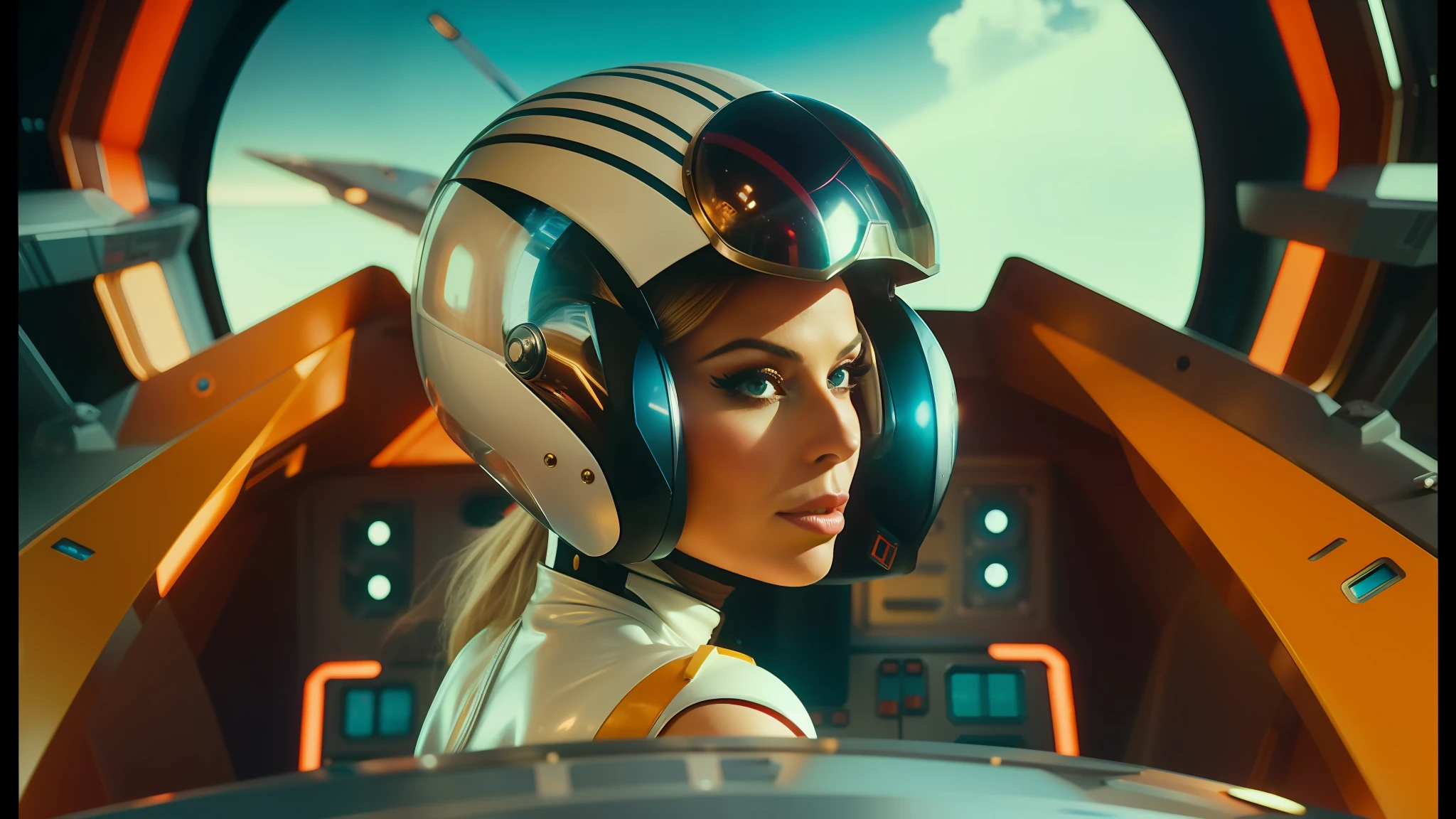 arafed woman in a futuristic helmet in a spaceship cockpit, style of wes anderson, trending on interfacelift, 60s style, inspired by Jodorowsky, kylie minogue as barbarella, circa 1970, pilot girl, trending on artstaion