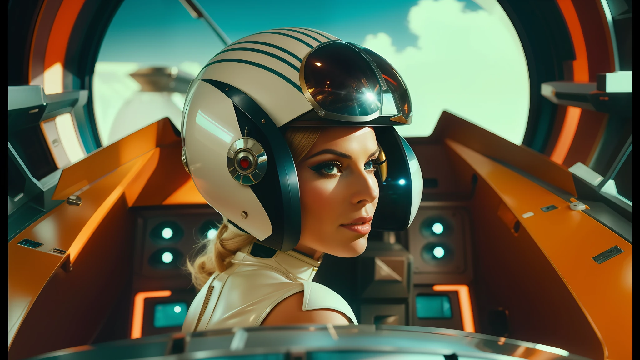 arafed woman in a futuristic helmet in a spaceship cockpit, style of wes anderson, trending on interfacelift, 60s style, inspired by Jodorowsky, kylie minogue as barbarella, circa 1970, pilot girl, trending on artstaion