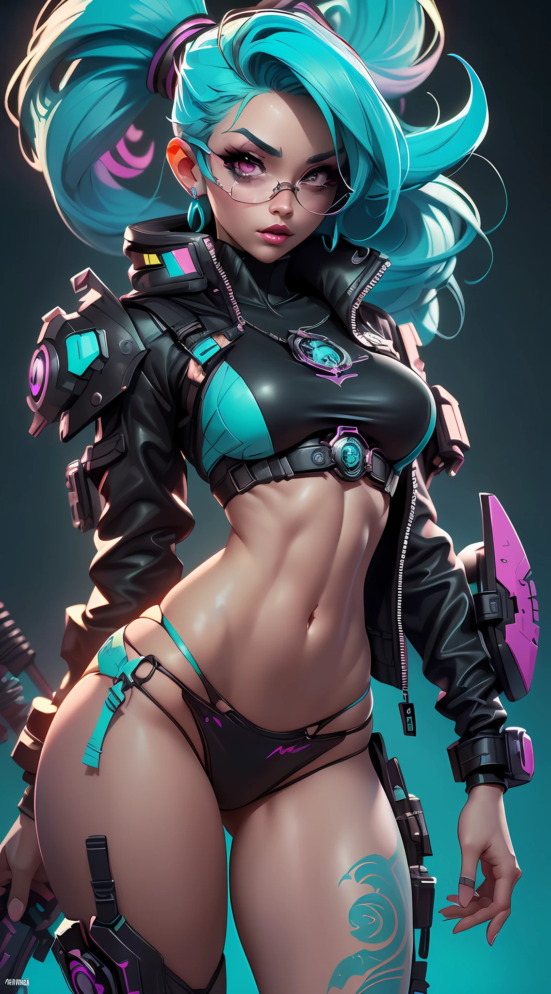((Best Quality)), ((Masterpiece)), ((Realistic)) and ultra-detailed photography of a 1nerdy girl with goth and neon colors. She has ((turquoise hair)), wears a small skimpy black bikini thong) , ((beautiful and aesthetic)), muscular abs, sexy, under-boobs, hot (by Thomas Benjamin Kennington), ( by Pixelsketcher), (by Bayard Wu)