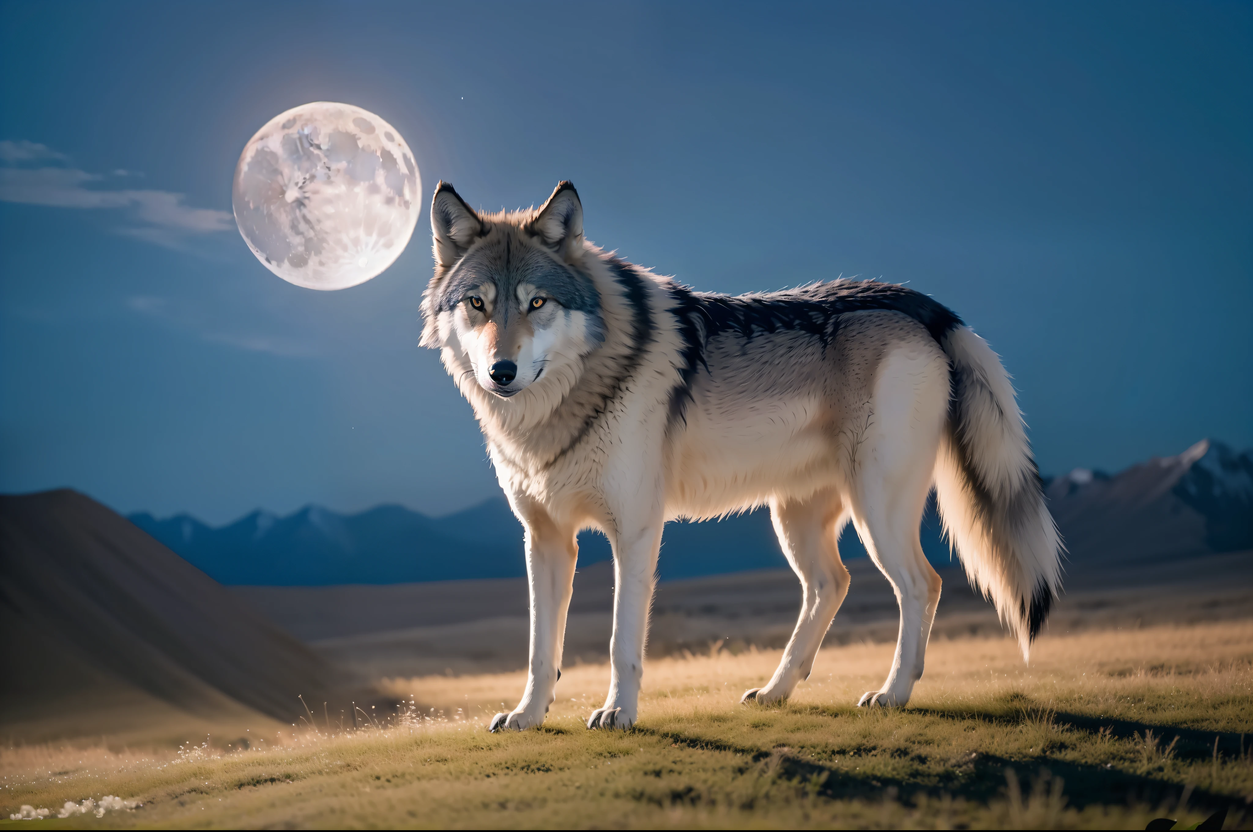 A wolf on a moonlit night on the steppe