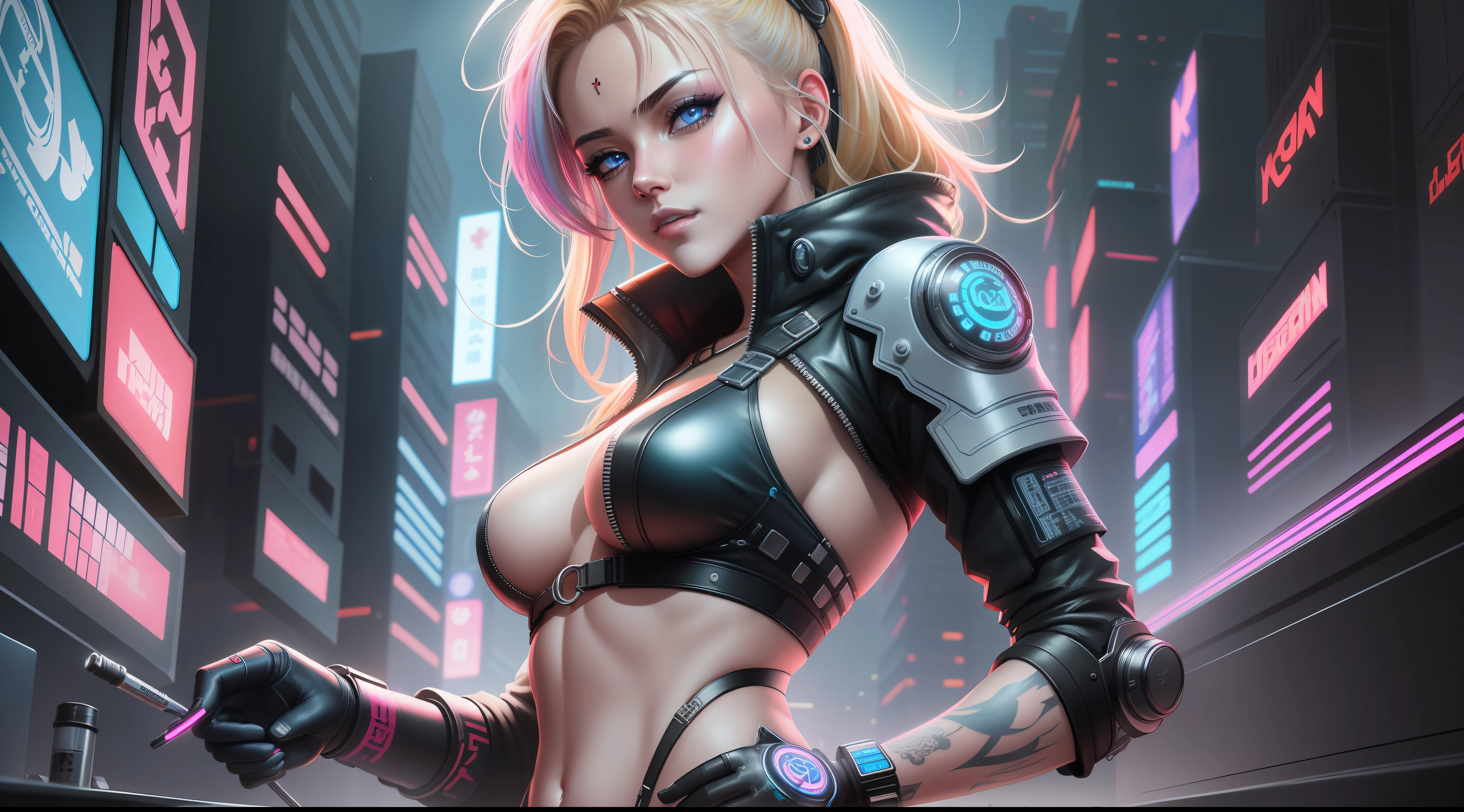 "Artistic Image, The center of this scene is a cyberpunk cyborg, full body portrait with striking blonde hair, highlights, blue eyes. She is seen amidst her high-tech environment, adorned with Japanese Tattoo art, navel piercing. The image should be a blend of digital illustration and anime, featuring a level of detail that brings the character and scene to life. The hacker's anatomy is athletic, capturing the essence of both freedom and soul. Drawing inspiration from Masamune Shirow, the illustration features sharp focus, smooth transitions, and an underlying watercolor aesthetic. The environment is filled with digital screens and neon lights, adding to the cyberpunk atmosphere.", 35mm, Medium Shot, Studio Lighting, Highly Detailed, Octane Render