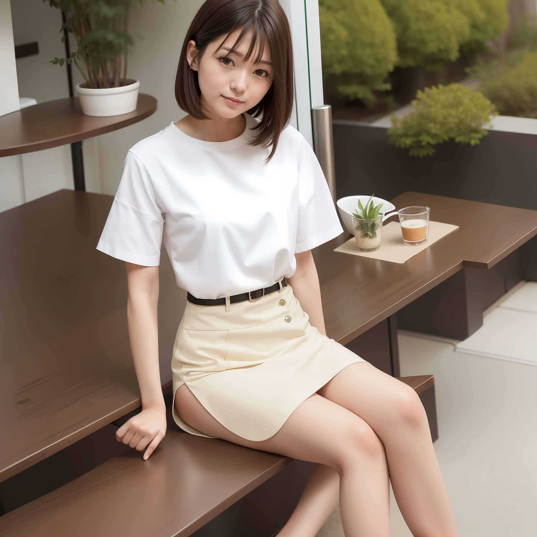 Wearing a short skirt and white blouse, in tight simple clothes, 30 years old, Japan woman, short hair, thin waist, slim girl model photo, Kasumi Arimura, café, sitting, smiling, small bag
