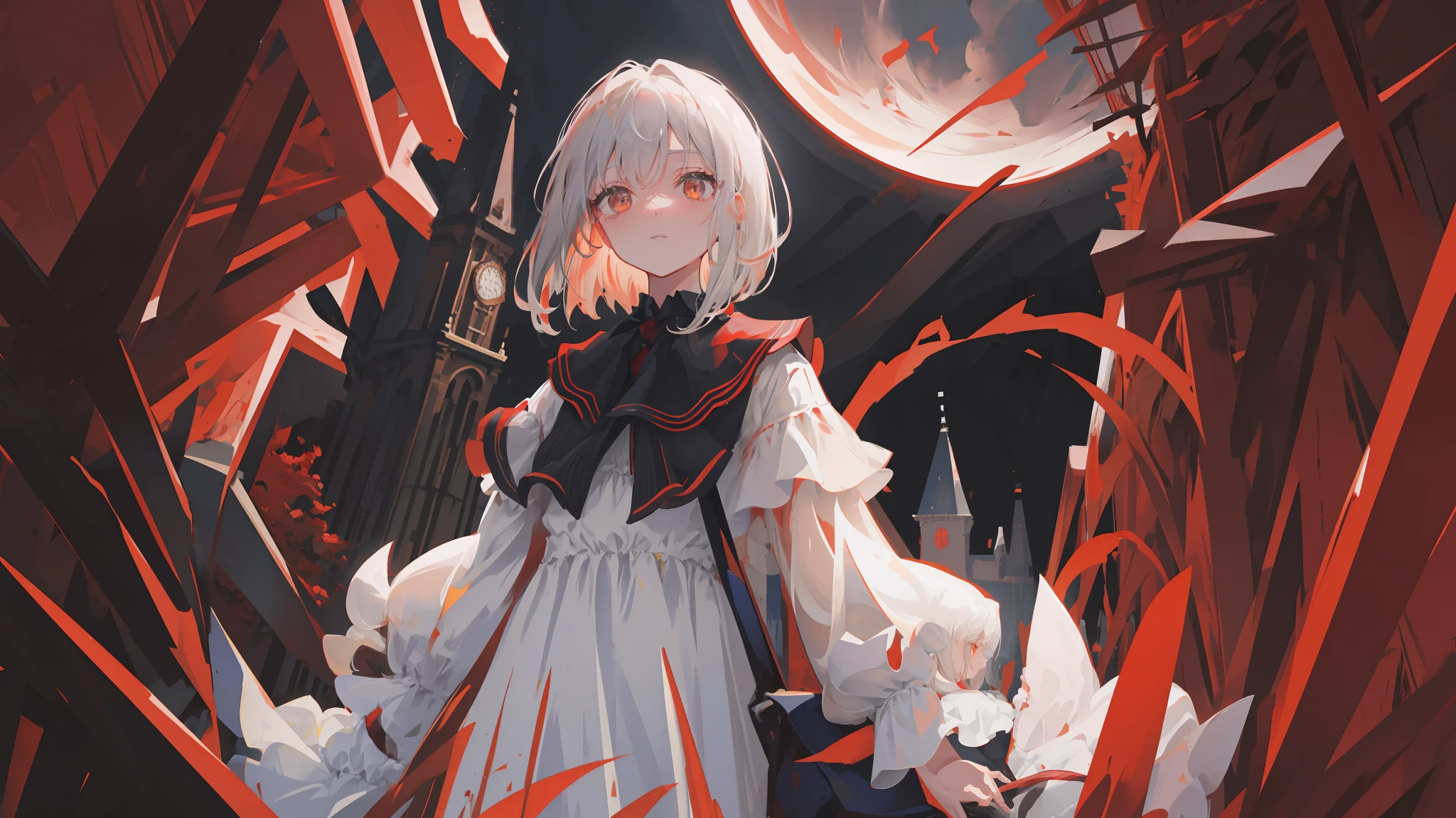 super fine illustration, best quality, highly detailed beautiful face and eyes, look down upon viewer, insanely detailed, a girl, solo, ash gray hair, medium-length bob hair, amber eyes, baggy white dress, scattering dark blood in background, dark background, gothic, dark, dark background, red moon in the night sky, red castle in the background, red tone, dynamic angle