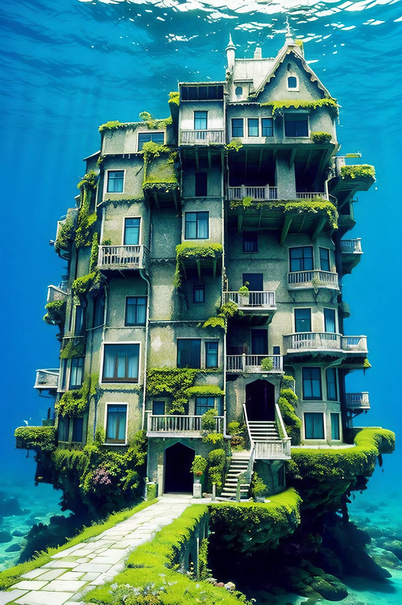 Color (Fantasy: 1.2), (Hayao Miyazaki style), (irregular building floating under the sea), patchwork houses, moss decorations, coral, lights, concept art inspired by Andreas Rocha, Artstation contest winner, fantasy art, (cyberpunk underwater city), ross tran, light axes, realistic lighting, masterpiece, high quality, beautiful graphics, high detail, masterpiece, high quality, beautiful graphics, high detail, --v6