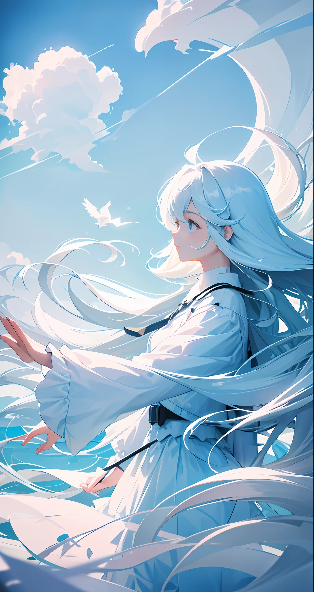 masterpiece, best quality, movie still, 1girl, floating in the sky, cloud girl, cloud, (close-up:1.1), bright, happy, fun, soft lighting, (Bauhaus, shapes, lines, abstract:1.1)