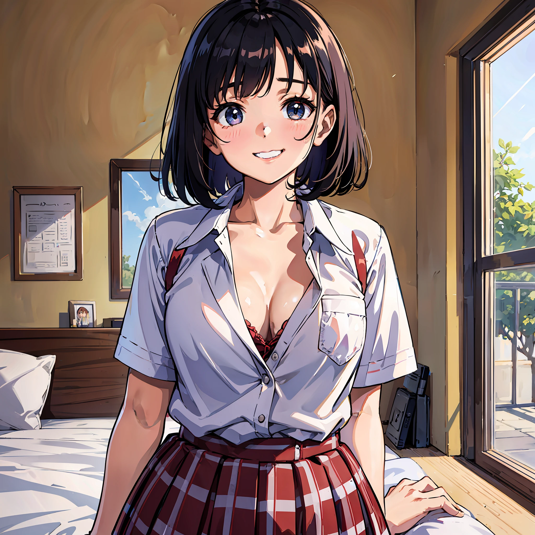 Little sister, cute bra, 8K, top quality, 14 years old, looking at camera, red cheeks, school uniform, embarrassed, delicate hands, at home, love brother, black hair, bob hair, show off breasts, take off clothes and show off breasts, chest protruding pose, eyes are heart, grinning, school uniform, middle school student,