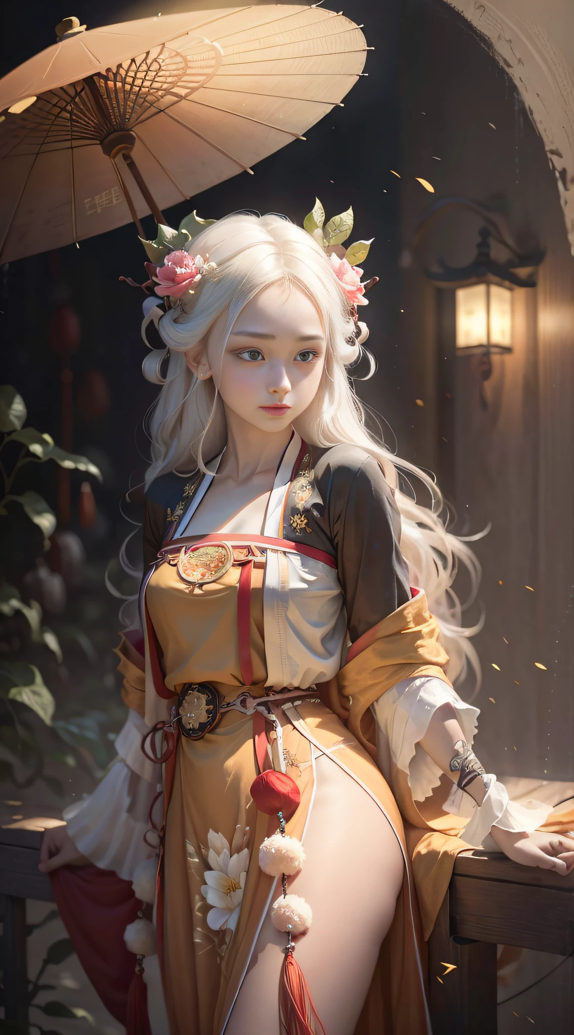 (Positive Focus), (In the Dark: 1 Girl), Surrealist Female Portraits by David Hockney and Alphonse Mucha, Fantasy Art, Photo Realism, Dynamic Lighting, Art Station, Poster, Volume Lighting, Very Detailed Faces, 4k Wallpaper, Award-Won, ,1 Girl Girl, Long Long Hair, White Hair, Fringed Hair Ornament, Peony Flower Hair Ornament, Chinese Girl, Smile Emo, Mole Under the Eyes, Dynamic Perspective, Chinese Style, Red Hanfu, Red Belt, Half-off Shirt, Right Arm Fully Exposed, Bandage Wrapped Around Chest, Bandage bandeau, revealing long legs, seduction, sexy, ancient Chinese street, lantern, oil paper umbrella, background multiple ancient Hanfu pedestrians, red clothes, ribbon fluttering