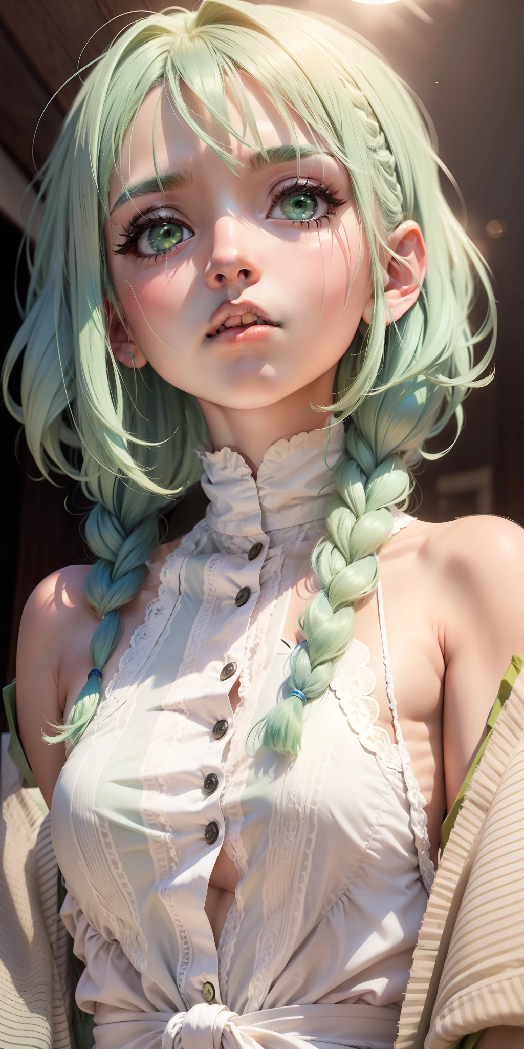 Green hair, cute and aggrieved expression, background is fresh blue sky --auto --s2