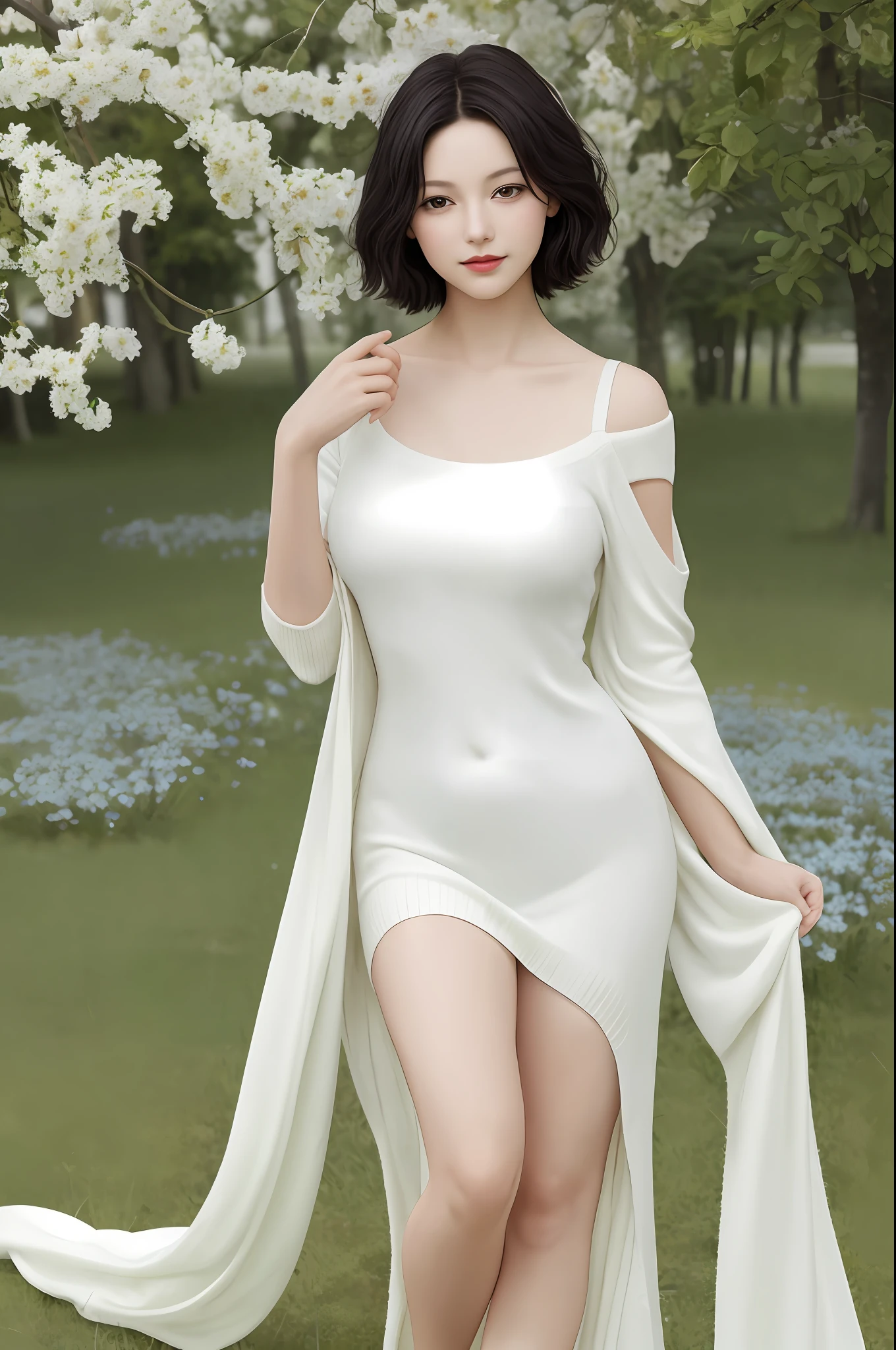 cute girl photo realistic,stands in a park where white clover blooms all around, exquisite and beautiful face, pretty face, (peach Red lips:1.1),(white skin:1.1), tender and smooth skin,(black hair:1.15),short hair,smile, exquisite collarbone, seductive and delicate collarbone, charming fragrant shoulders, shoulders slightly exposed, open-shoulder long sweater,sky blue sweater,bokeh, full body,very realistic details, ultra-high resolution,outstanding details