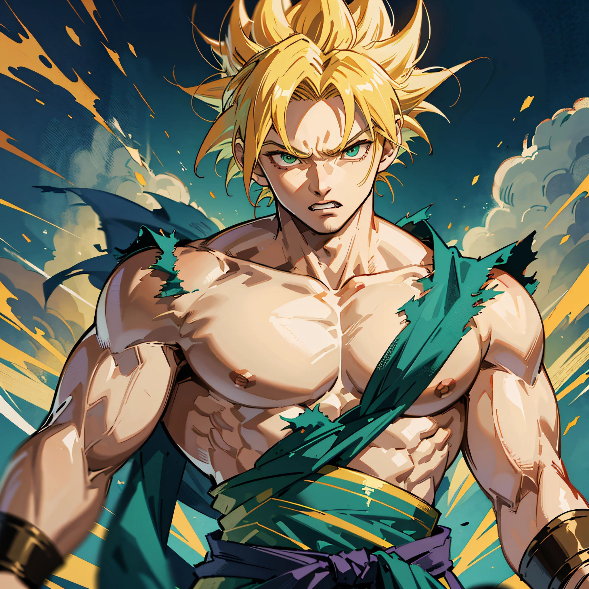 son goku, 1boy, angry, battle damage, blonde hair, blue sash, clenched teeth, furious, green eyes, male focus, muscular, muscular male, pectorals, sash, solo, spiked hair, super saiyan, super saiyan 1, teeth, topless male, torn clothes, wristband, ((masterpiece)) --auto --s2