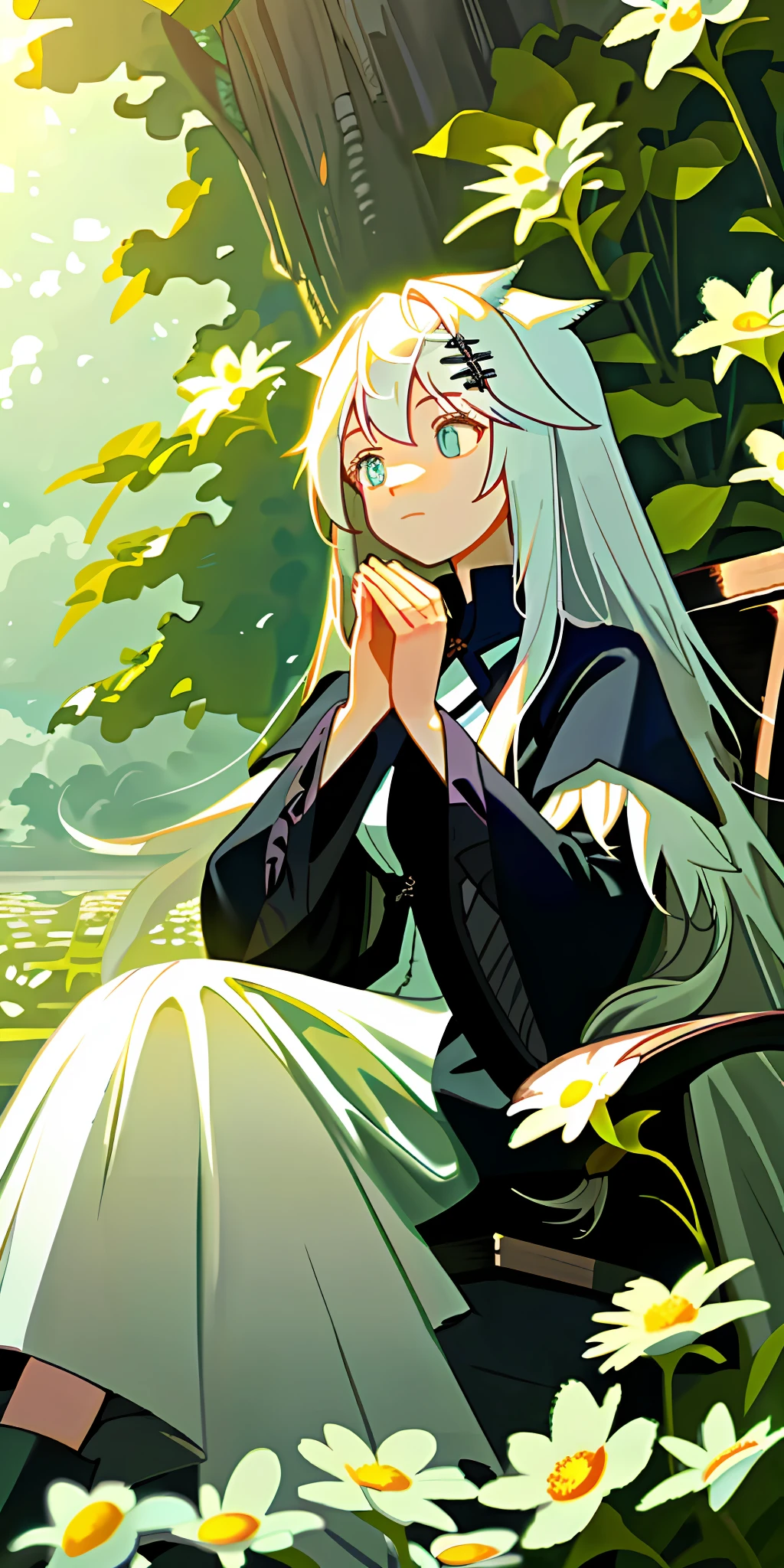 (Masterpiece, best quality), 1 long white-haired girl sitting in a field of greenery and flowers, her hands under her chin, warm light,