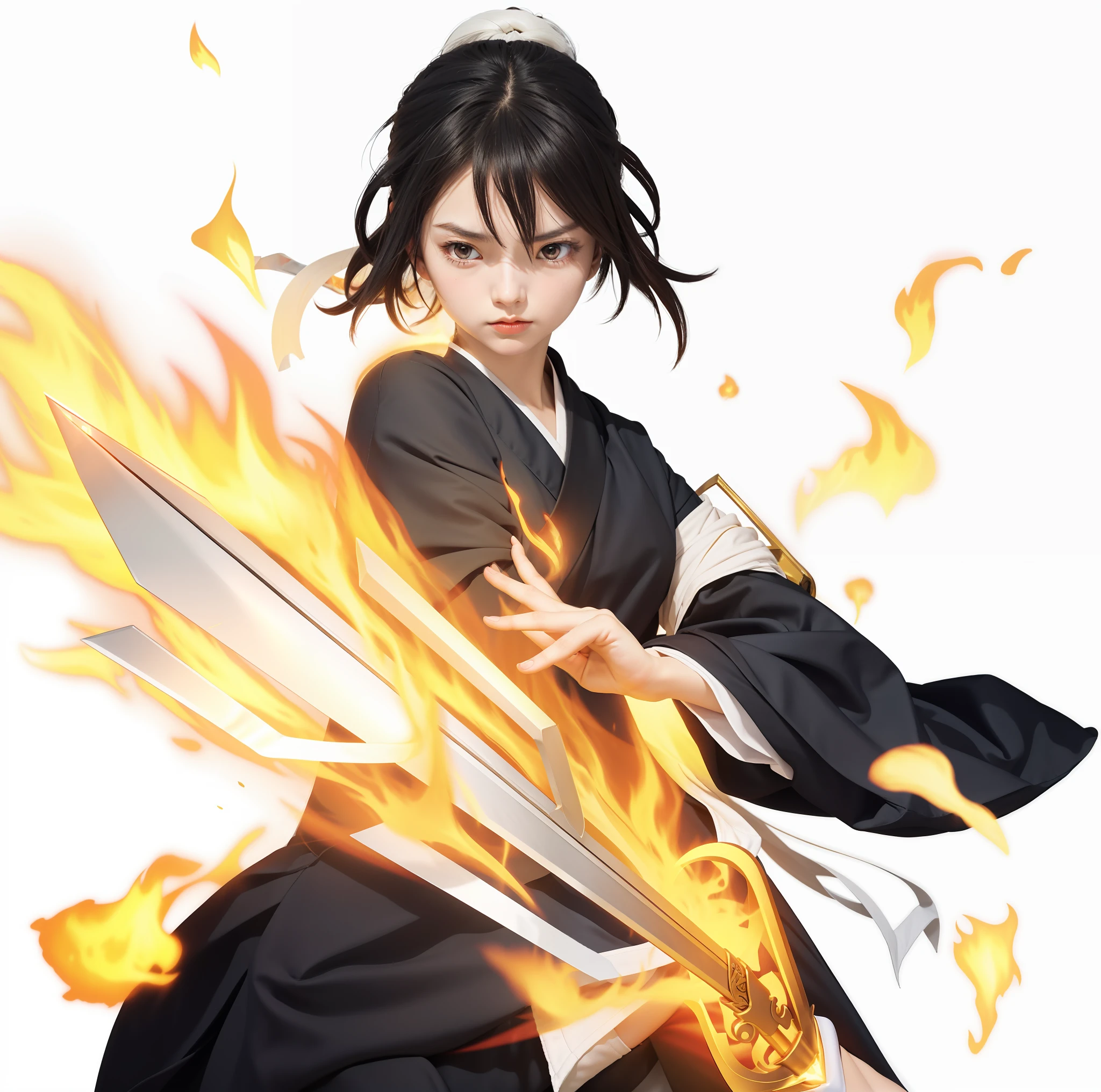 Anime girl with sword and flame in her hand, burning katana, inspired by Masanobu Okumura, Demon Slayer Rui doujin Art, Brunette Mage, Mai Yoneyama, Tanjiro Kamado, Fire!! Full body, holding a flame sword, Yuyushiki, official character art, wielding a flame sword, official art frown eyebrows, nervous, seriousfrown eyebrows, nervous, serious, Teether