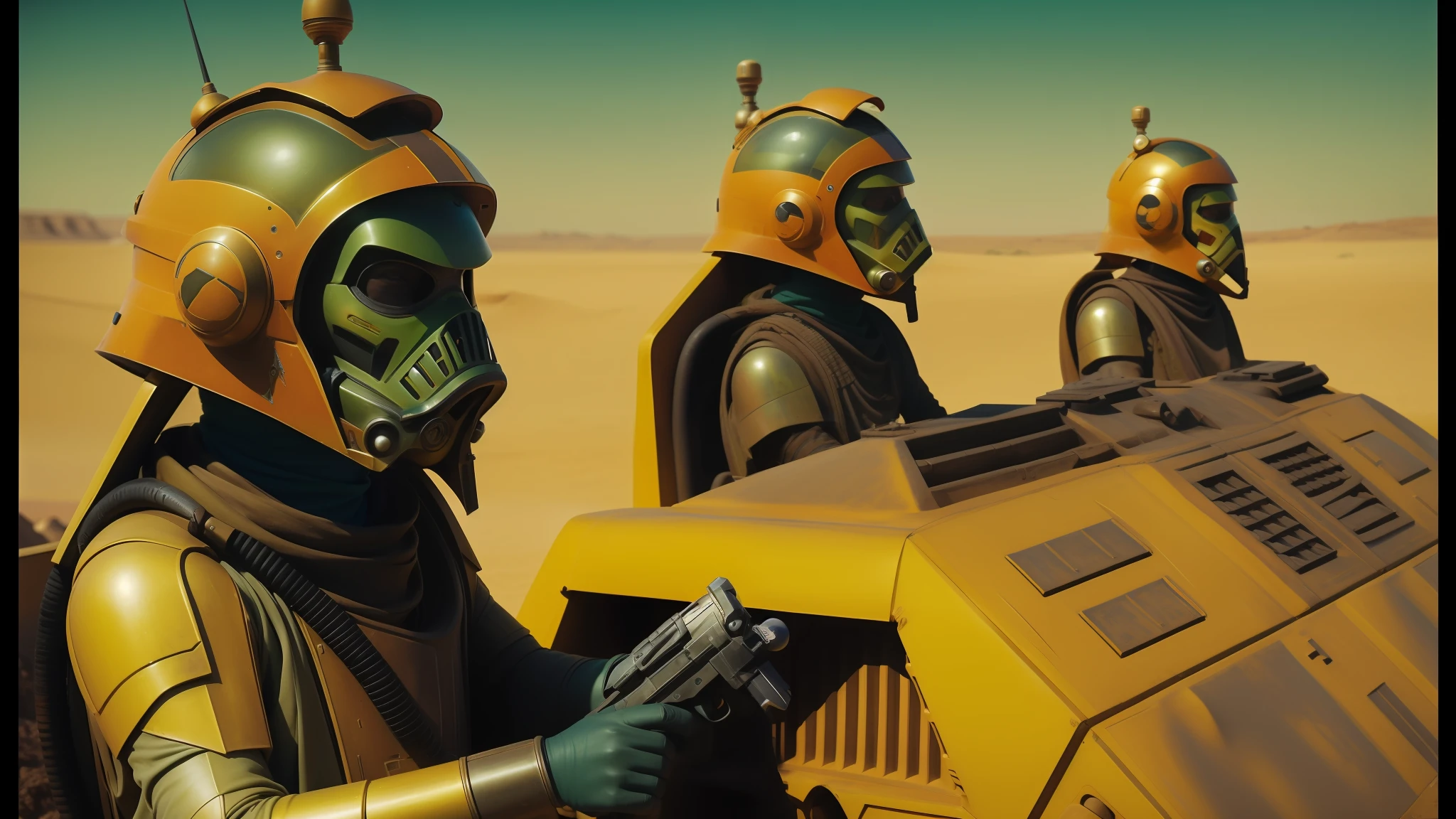 a close up of a person in a helmet and some other people, still from star wars, yellow scheme, by Wes Anderson, somewhere in sands of the desert, desktopography, as atlantean reptilian warriors, developers, avatar ( 2 0 0 9 ), supporting characters, 2070, jcb, fantastic artstyle, the mekaverse