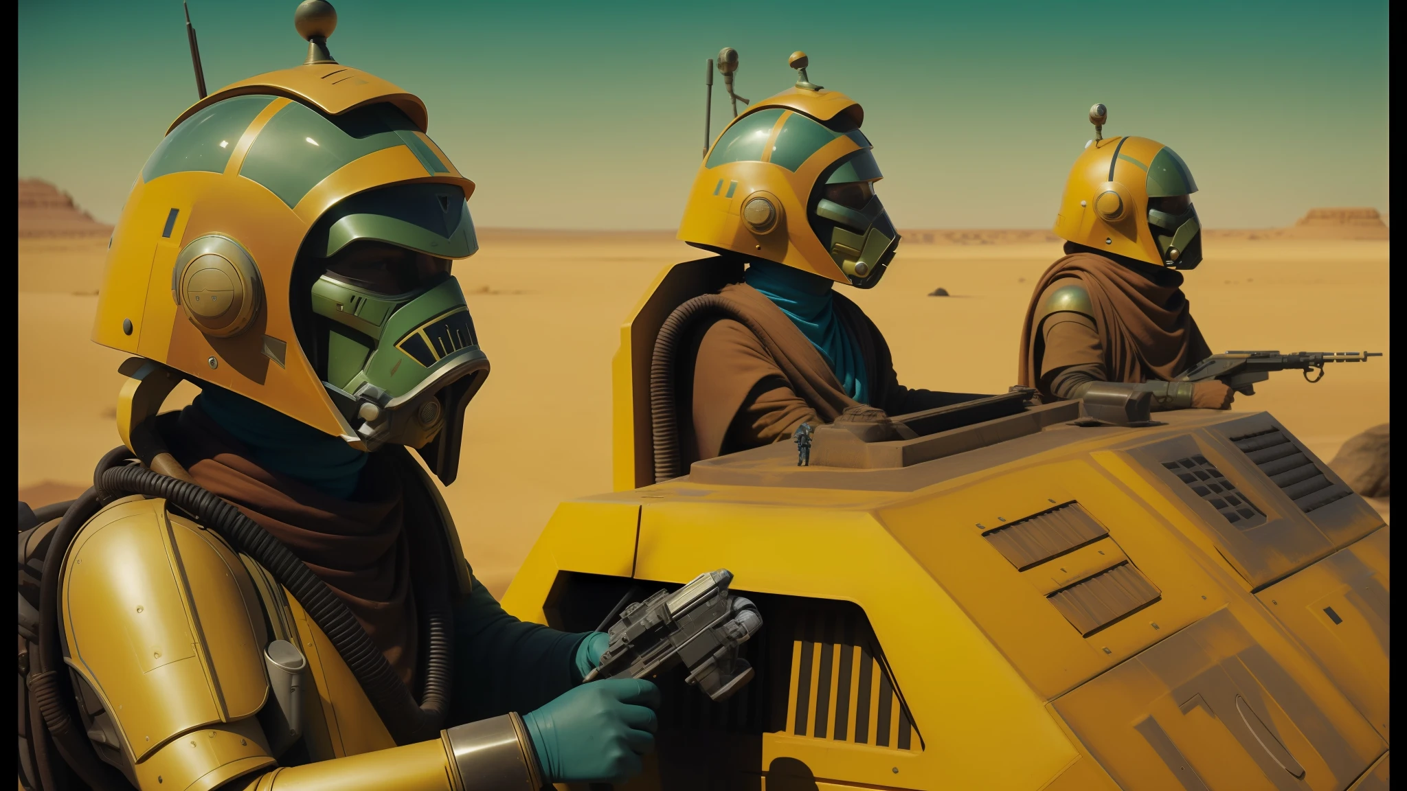 a close up of a person in a helmet and some other people, still from star wars, yellow scheme, by Wes Anderson, somewhere in sands of the desert, desktopography, as atlantean reptilian warriors, developers, avatar ( 2 0 0 9 ), supporting characters, 2070, jcb, fantastic artstyle, the mekaverse