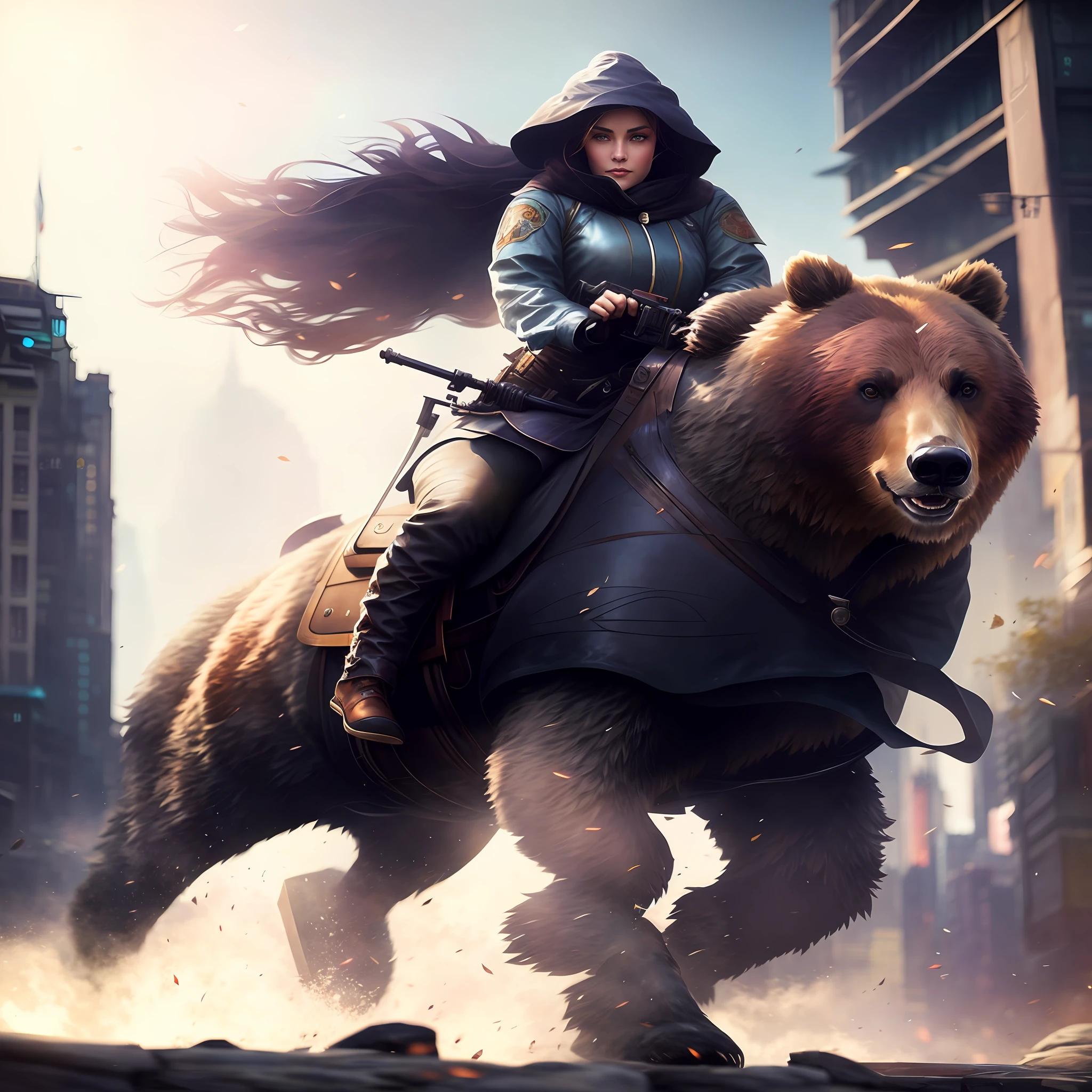 there is a woman riding a bear in a city, wojtek fus, artwork in the style of guweiz, grizzly bear riding a horse, stylized urban fantasy artwork, stunning photo real concept art, inspired by Igor Kieryluk, yuri shwedoff and tom bagshaw, wlop and ross tran, putin riding a bear