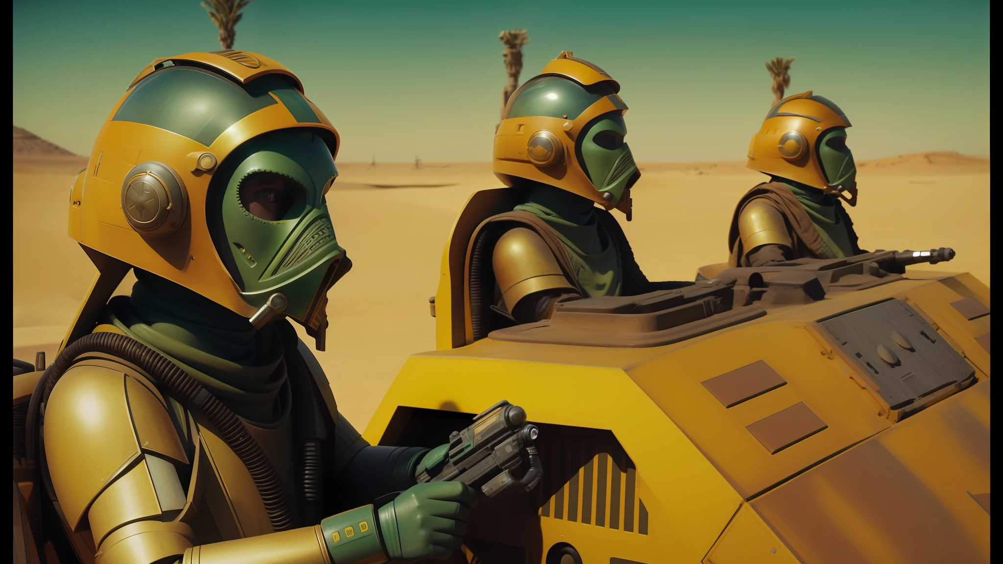 a close up of a person in a helmet and some other people, still from star wars, yellow scheme, by Wes Anderson, somewhere in sands of the desert, desktopography, as atlantean reptilian warriors, developers, avatar ( 2 0 0 9 ), supporting characters, 2070, jcb, fantastic artstyle, the mekaverse