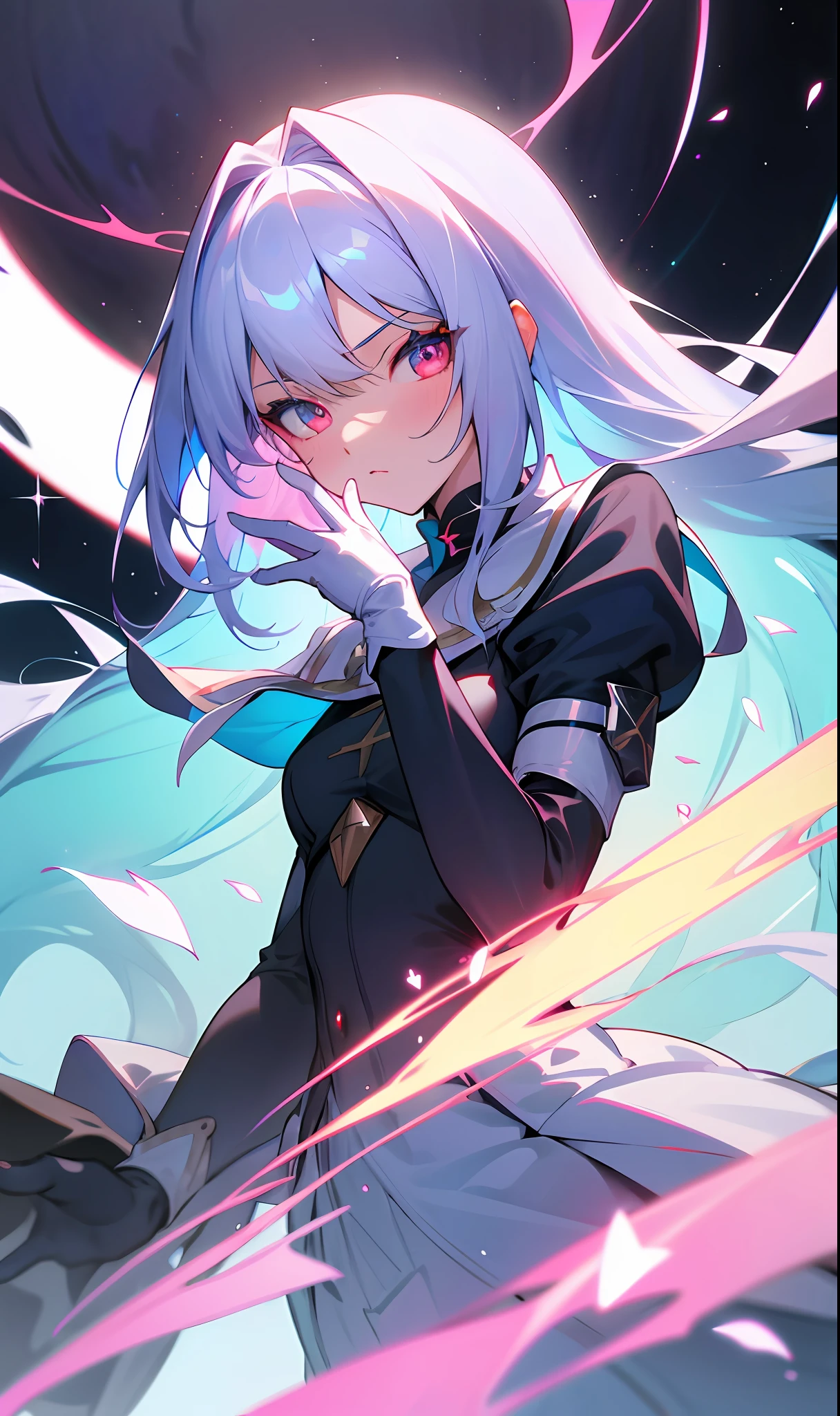 (Fine, Clear Image, Super Resolution, Extremely Amazing Detail, Awesome Detail), Subsurface Scattering, Masterpiece, Best Quality, High Quality, 1girl, Solo, Bust, Prism Eye, Prism Hair, Prism, Serious, [Silver|White] + (Blue: -0.3) Hair, Blue + Red Eyes, Gradient Eyes, Multicolored Eyes, Calm, Small Tits, Garreg Mach Monastery uniform, Glow, Glowing Eyes, Glowing White Particles, glitter, bloom, fantasy, cave, short gloves