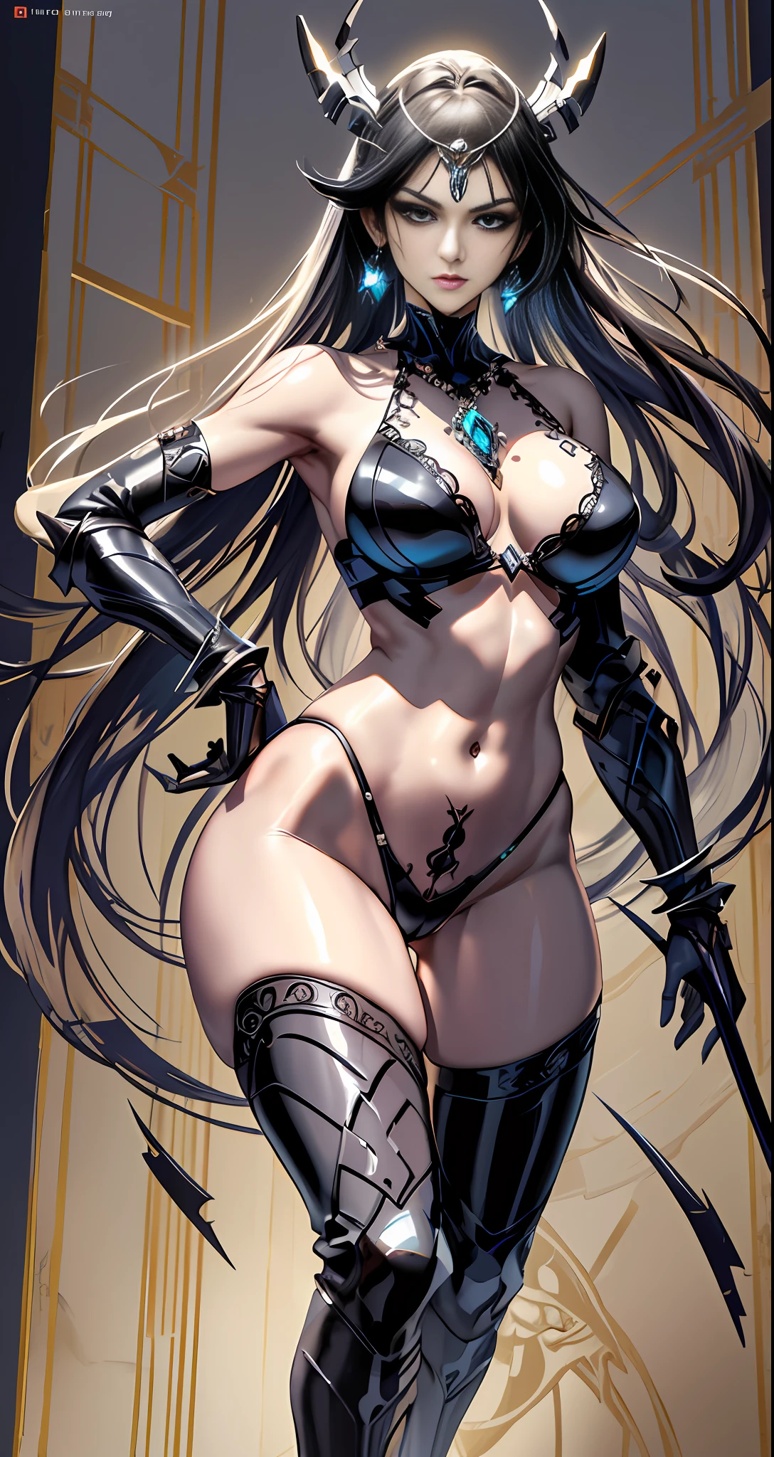 Masterpiece, great black and white anime works, style of Japanese manga masters, black and white art, line art, pen drawing art, a mature woman (from below: 1.5) (((in the pool: 1.2))) (full body standing)))) (solid color steel armor + openwork transparent design inspired by Victoria's Secret), (broken + clothing: 1.5) (full body pose: 1.5), (krounchana: 1.5) hips ((lower chest +Upright under the bra)), (double eyelids) (delicate makeup) (fantasy: 1.2), battle woman, full body armor, fire element, (mythology: 1.5), exposed navel, thong, (large panorama: 4), wide angle, (dramatic: pose), (ethereal: lighting), (mysterious: atmosphere), (complex: details), (carefully designed hair + design), (ancient artifacts), human warrior woman (carefully designed necklace bracelet earrings gemstone pendant inspired by Harry Winston) (Sacred: Light), (Spiritual Essence) (Evocative: Expressive), Long Legs, 180CM Height, (Daring: Brushstrokes), (Epic: Proportional) Masterpiece 16K --s2