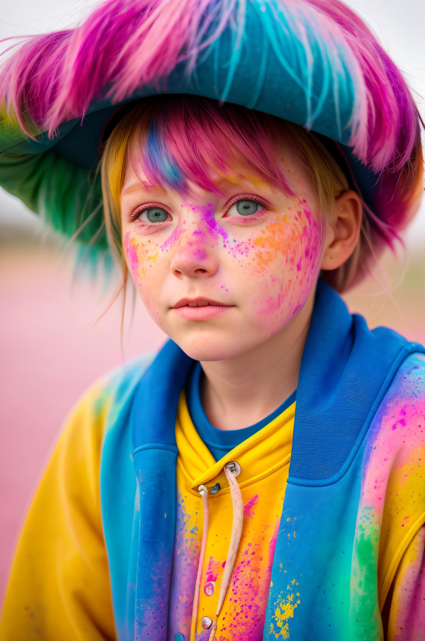 Cowgirl wearing sweatshirt, looking at the viewer, Holi color festival, portrait, hyper detailed point of view, by Lee Jeffries, Nikon D850, film photography, 4 kodak portra 400, camera lens f1.6, rich colors, hyper realistic, realistic texture, dramatic lighting, cinestill 800,