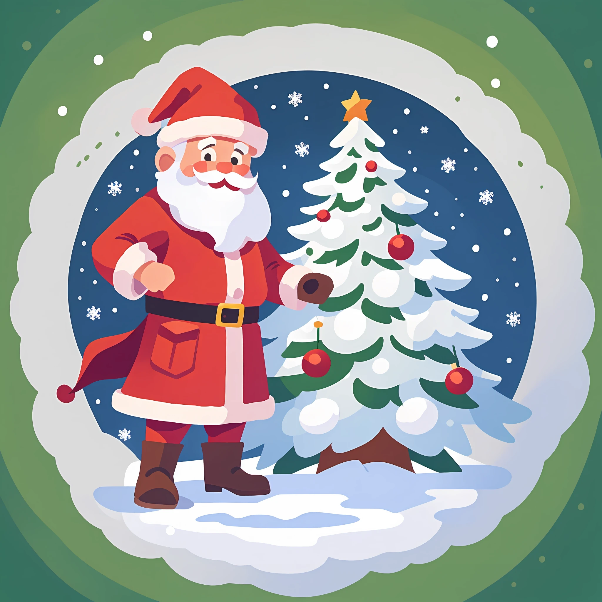 Best quality, masterpiece, a Santa Claus standing next to a Christmas tree, present, simple illustration, holiday season, cute illustration, happy, no gradient, cartoon illustration, christmas, cartoon style illustration, flat illustration, Jen Bartel, simple and clean illustration, illustration! , Shutterstock, Stylized digital illustration, Detailed 2D illustration, Very stylized, (snow), vector illustration,