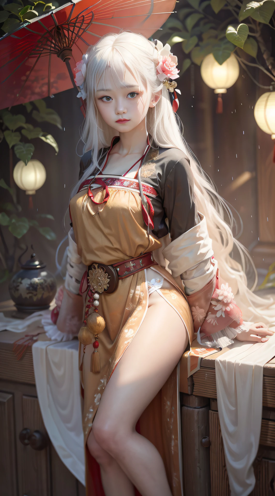 (Positive Focus), (In the Dark: 1 Girl), Surrealist Female Portraits by David Hockney and Alphonse Mucha, Fantasy Art, Photo Realism, Dynamic Lighting, Art Station, Poster, Volume Lighting, Very Detailed Faces, 4k Wallpaper, Award-Won, ,1 Girl Girl, Long Long Hair, White Hair, Fringed Hair Ornament, Peony Flower Hair Ornament, Chinese Girl, Smile Emo, Mole Under the Eyes, Dynamic Perspective, Chinese Style, Red Hanfu, Red Belt, Half-off Shirt, Right Arm Fully Exposed, Bandage Wrapped Around Chest, Bandage bandeau, revealing long legs, seduction, sexy, ancient Chinese street, early morning, rain, lantern, oil paper umbrella, background multiple ancient Han costume pedestrians, red clothes, ribbon fluttering