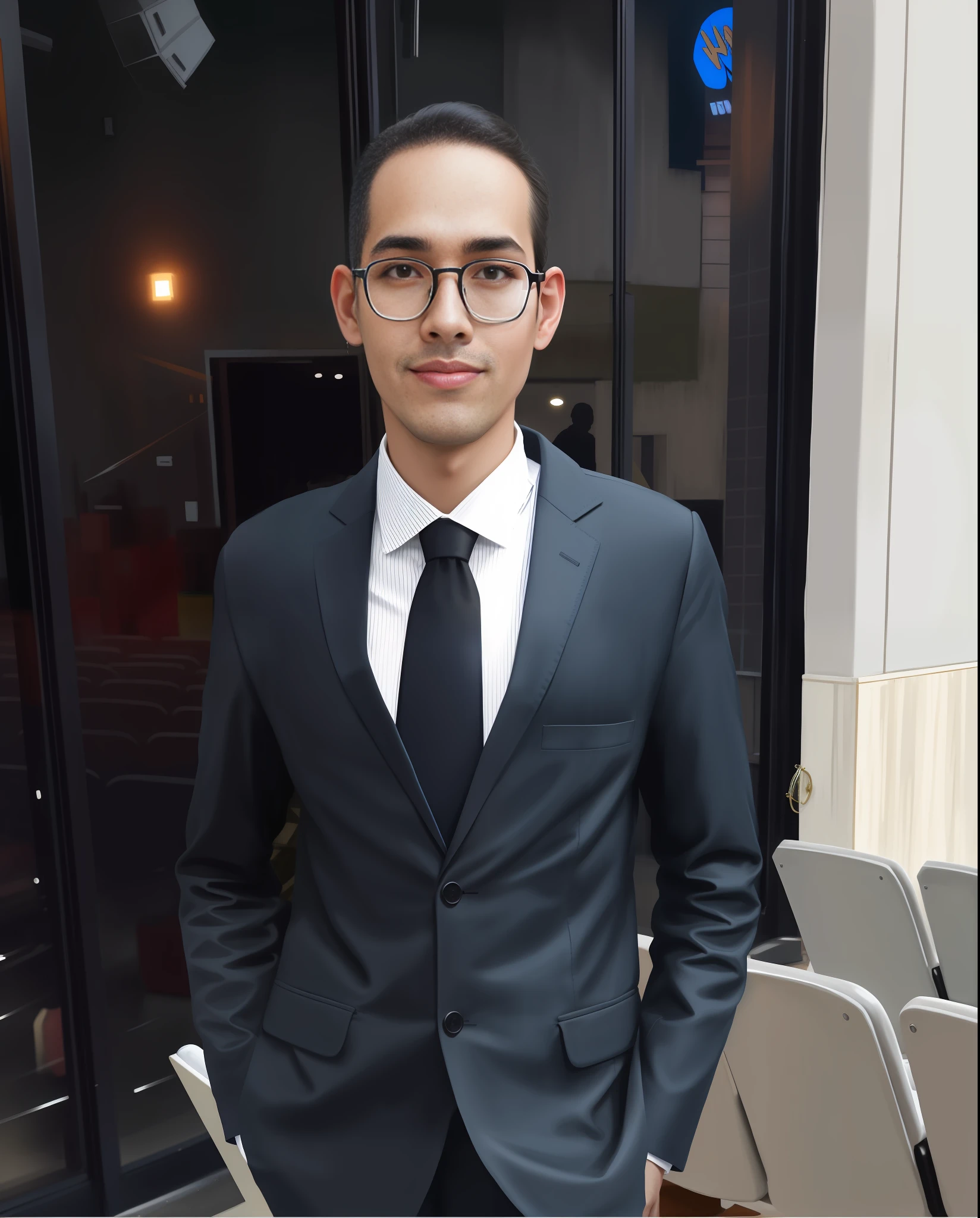 Background building, highlight eyes and nose, brightness control, sobran, highlight Brazilian facial expressions, fit in glasses