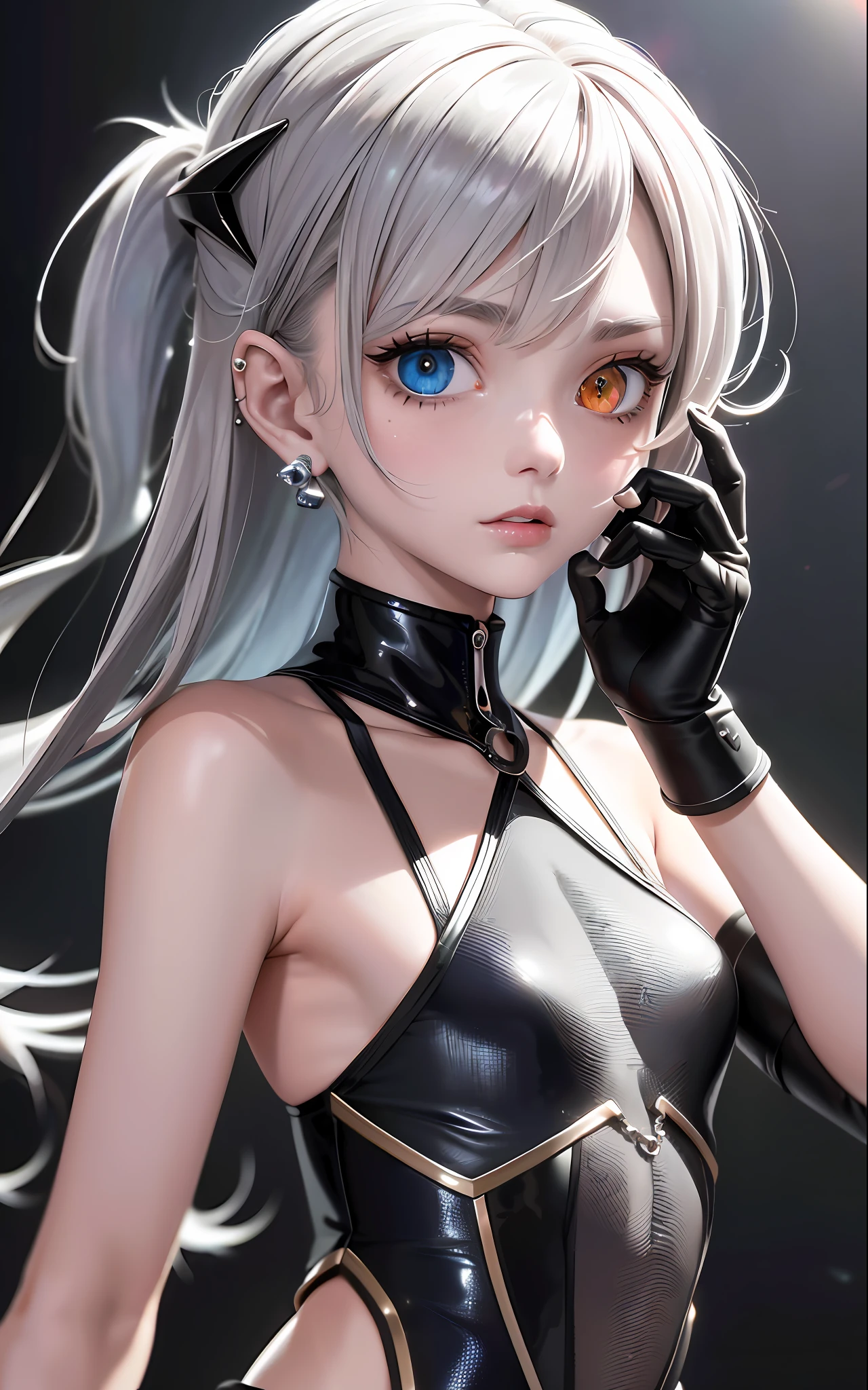 Best, Masterpiece, High Resolution, Best Quality, Ultra HD, Super Detail, Award-Limited, 16k, (Upper Body), Beautiful Girl, Gray Hair, Hair, ((Heterochromia)), Hanging Eye Corners, Fair Skin, (Small), (Slim Body), ((Spacesuit)), Stud Earrings, (Neck Ring), (Short Glove as Short as Half the Palm)