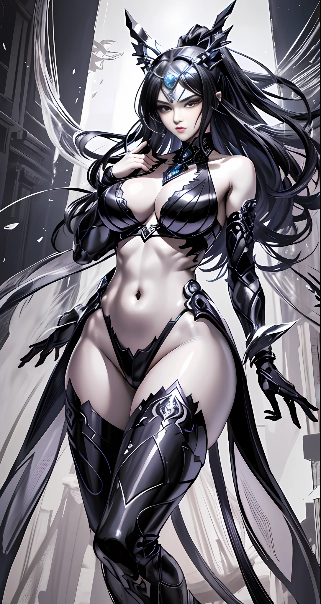Masterpiece, great black and white anime works, style of Japanese manga masters, black and white art, line art, pen drawing art, a mature woman (from below: 1.5) (((in the pool: 1.2))) (full body standing)))) (solid color steel armor + openwork transparent design inspired by Victoria's Secret), (broken + clothing: 1.5) (full body pose: 1.5), (krounchana: 1.5) hips ((lower chest +Upright under the bra)), (double eyelids) (delicate makeup) (fantasy: 1.2), battle woman, full body armor, fire element, (mythology: 1.5), exposed navel, thong, (large panorama: 4), wide angle, (dramatic: pose), (ethereal: lighting), (mysterious: atmosphere), (complex: details), (carefully designed hair + design), (ancient artifacts), human warrior woman (carefully designed necklace bracelet earrings gemstone pendant inspired by Harry Winston) (Sacred: Light), (Spiritual Essence) (Evocative: Expressive), Long Legs, 180CM Height, (Daring: Brushstrokes), (Epic: Proportional) Masterpiece 16K --s2