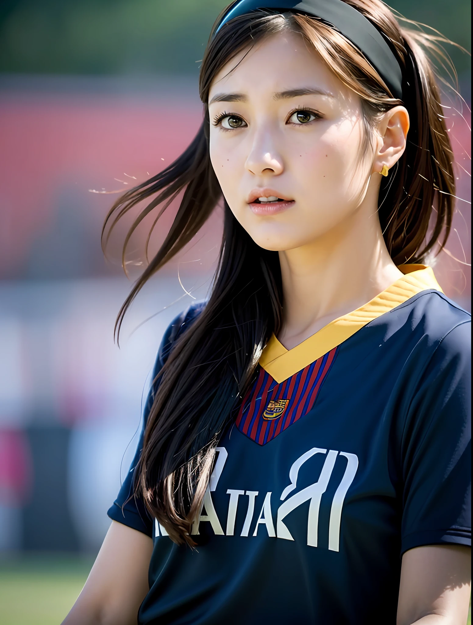 ((top quality, 8k, masterpiece: 1.3)), sharp focus: 1.2, cute woman: 1.4, (layered haircut (black hairband wrapped around forehead)), (FC Barcelona uniform), (sunny, street: 1.2), very detailed face and skin texture, Detailed eyes, double eyelids, white skin, cute young Japan woman, 24 years old, The moment when a beautiful soccer player is heading the ball on the soccer field is captured at a dynamic angle, creating a melancholy emotion characterized by a soothing tone and contrasting mix of light and shadow, while emphasizing the subject's hair, eyes, mouth and action, while creating a pleasing and thought-provoking composition.