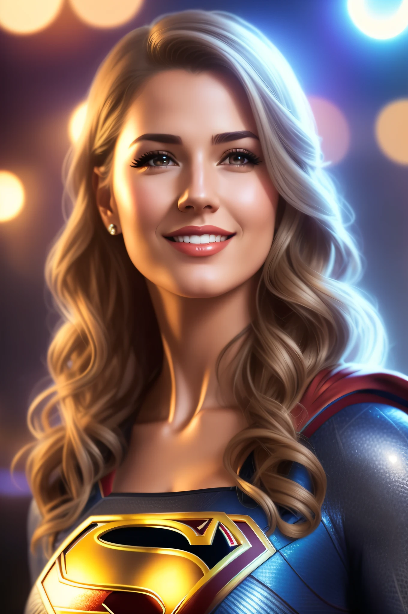 a close up of a woman in a superman costume posing for a picture, superhero portrait, supergirl, 8k artgerm bokeh, wojtek fus, super hero art, super photo realistic, artgerm portrait, stunning digital illustration, realistic digital art 4 k, realistic digital art 4k, closeup character portrait, artgerm. high detail